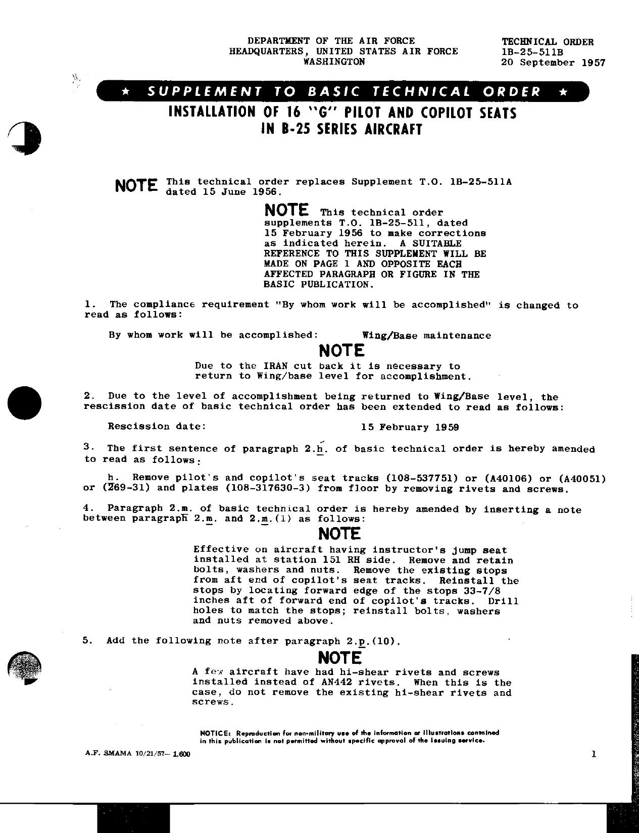 Sample page 1 from AirCorps Library document: Installation of 16 'G' Pilot and Copilot Seats in B-25 Series Aircraft