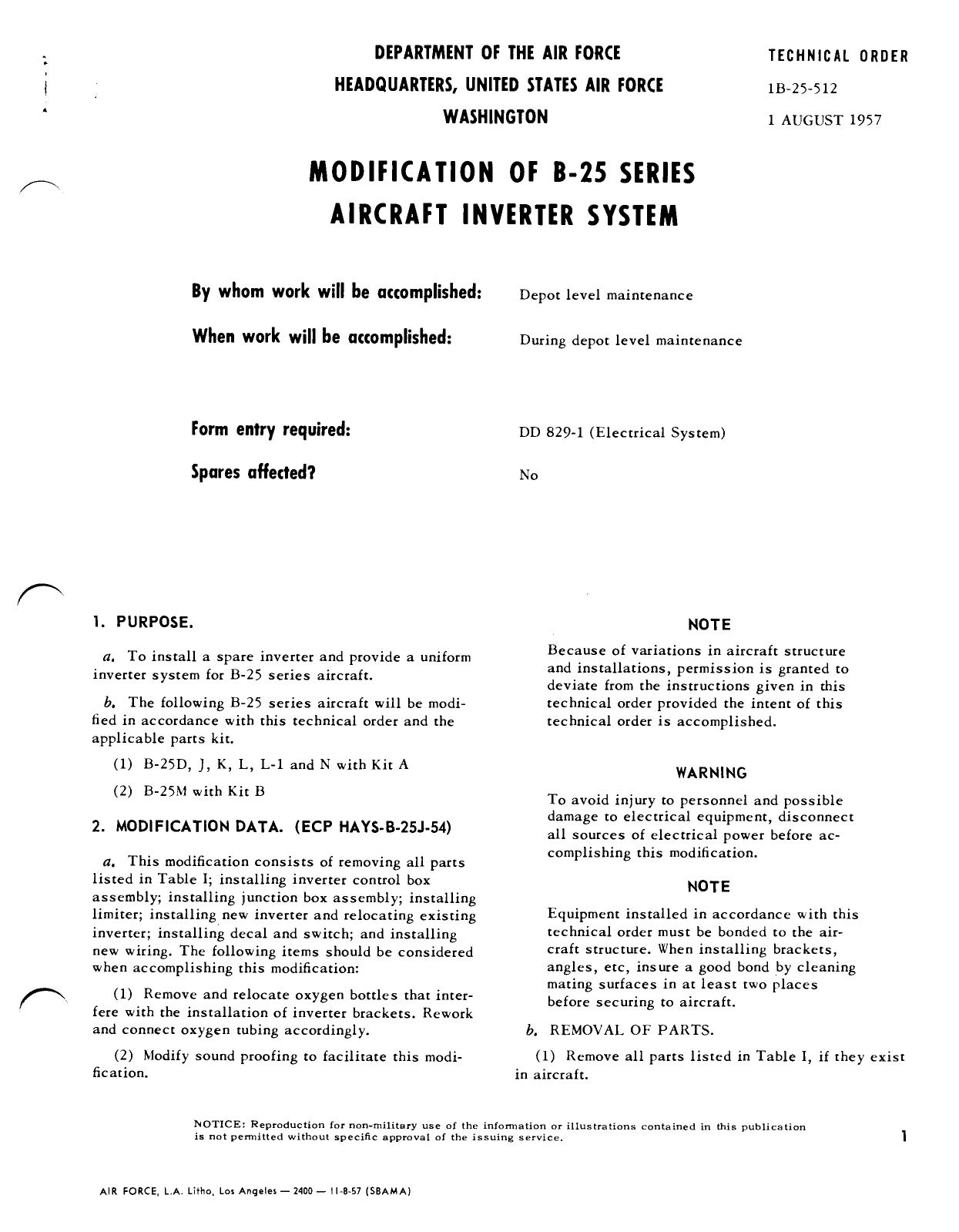 Sample page 1 from AirCorps Library document:  Modification of B-25 Series Aircraft Inverter System, 