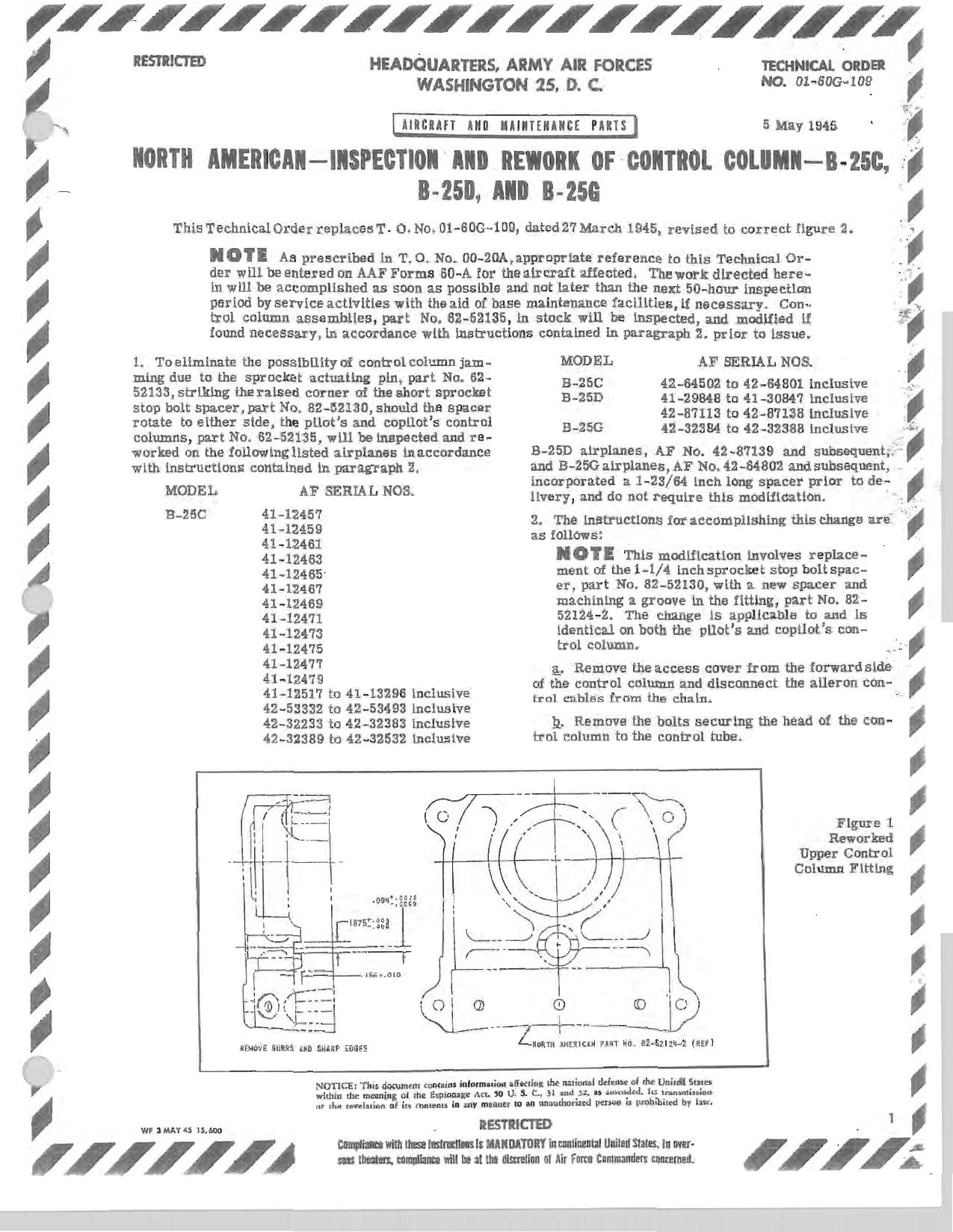 Sample page 1 from AirCorps Library document: North American - Inspection and Rework of Control Column - B-25C, B-25D, and B-25G