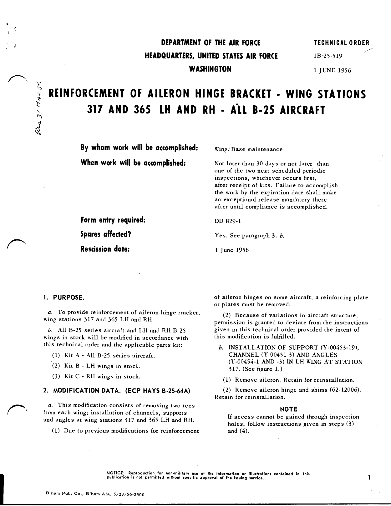 Sample page 1 from AirCorps Library document: Reinforcement of Aileron Hinge Bracket - Wing Stations 317 and 365 LH and RH - All B-25 Aircraft