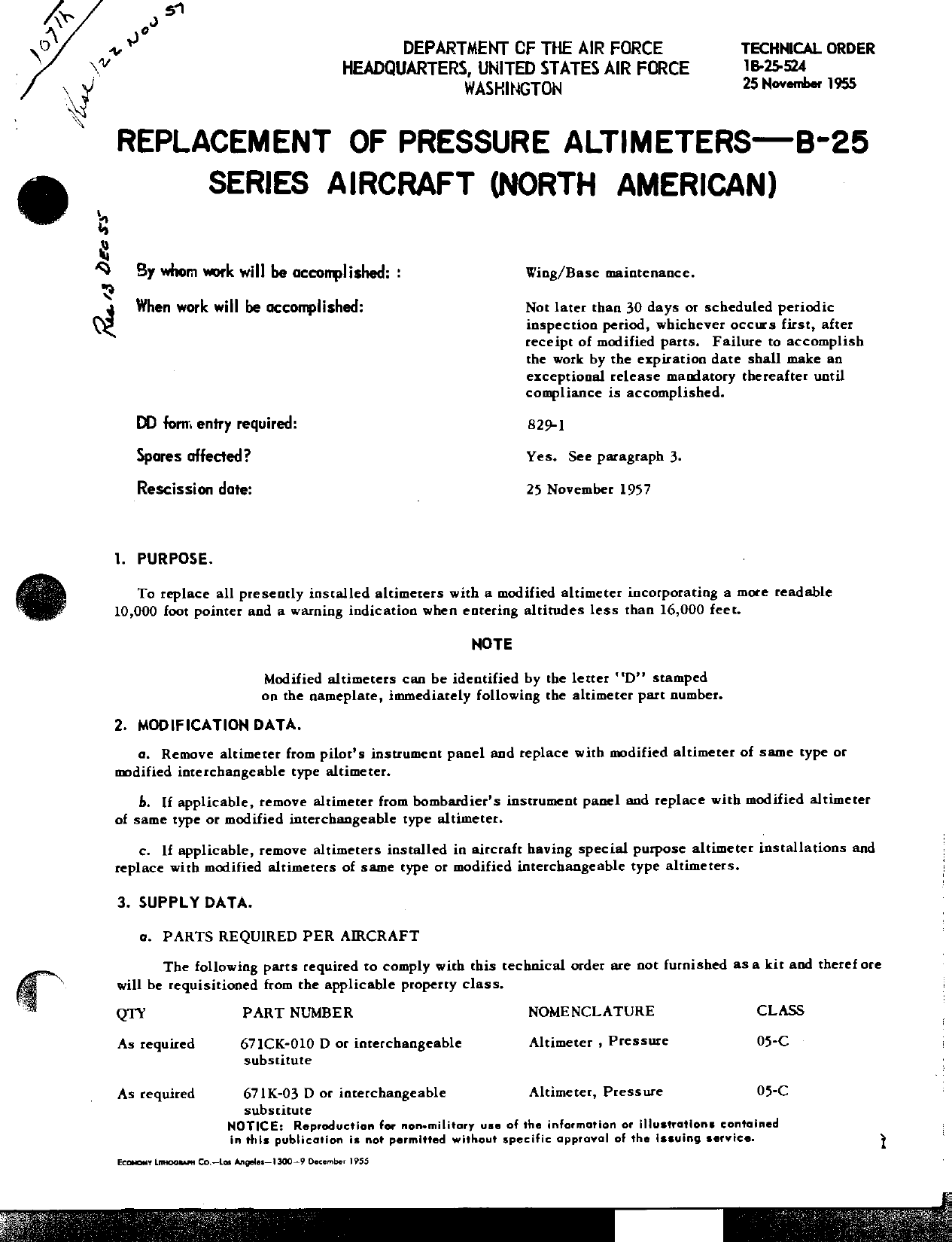 Sample page 1 from AirCorps Library document: Replacement of Pressure Altimeters - B-25 Series Aircraft (North American)