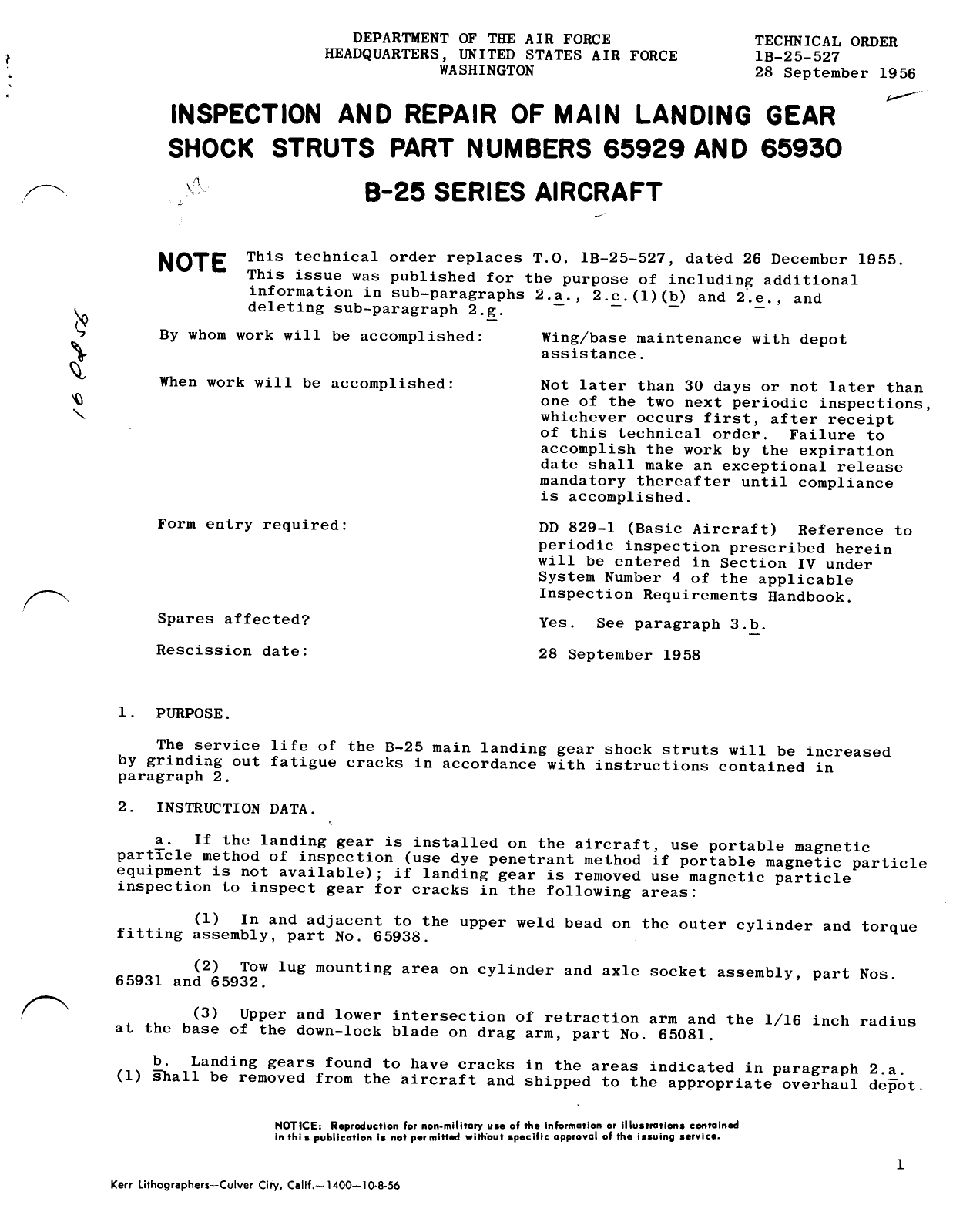 Sample page 1 from AirCorps Library document: Inspection and Repair of Main Landing Gear Shock Struts Part Number 65929 and 65930 B-25 Series Aircraft