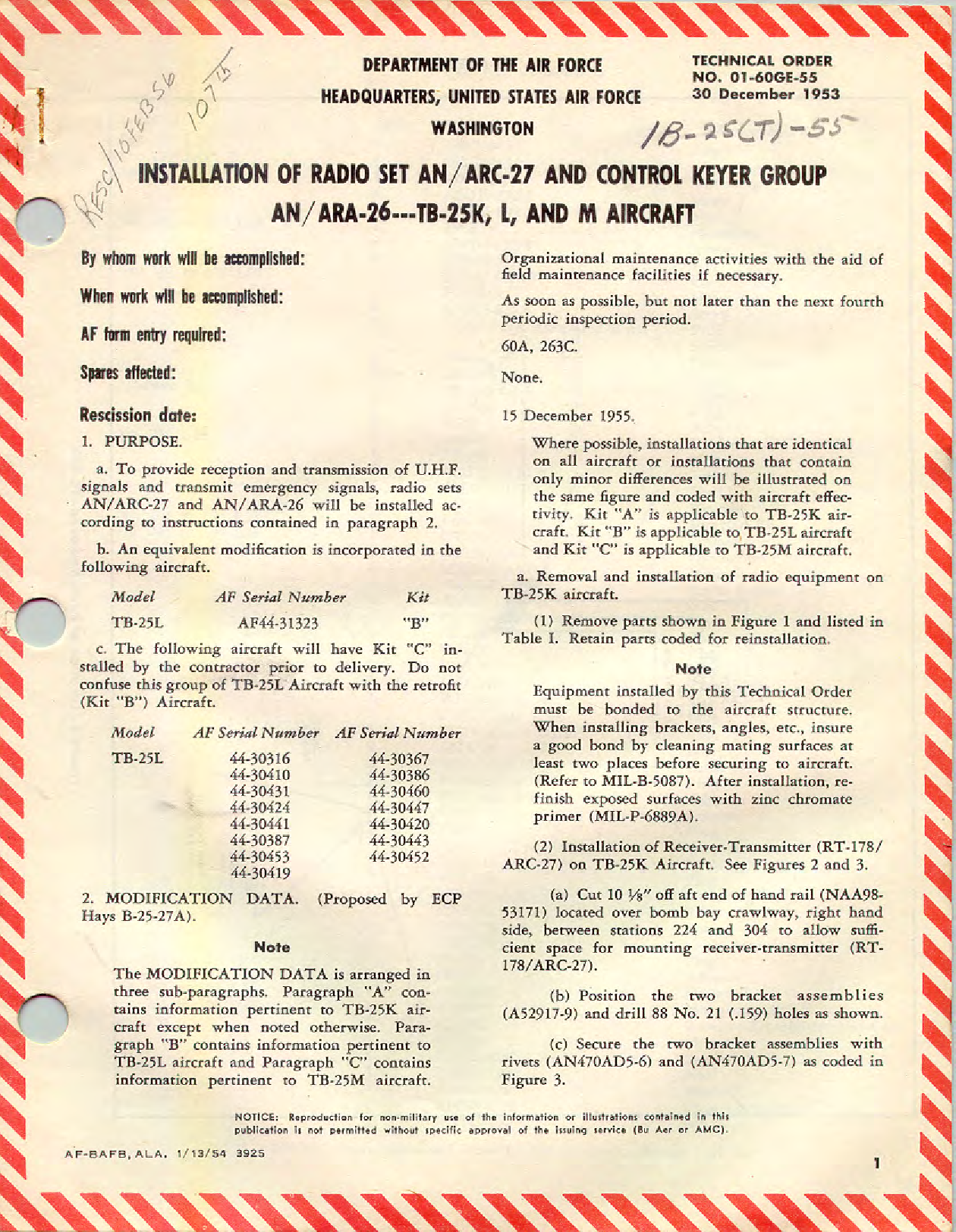 Sample page 1 from AirCorps Library document: Installation of Radio Set AN-ARC-27 and Control Keyer Group AN-AR-26---TB-25K, L, and M Aircraft
