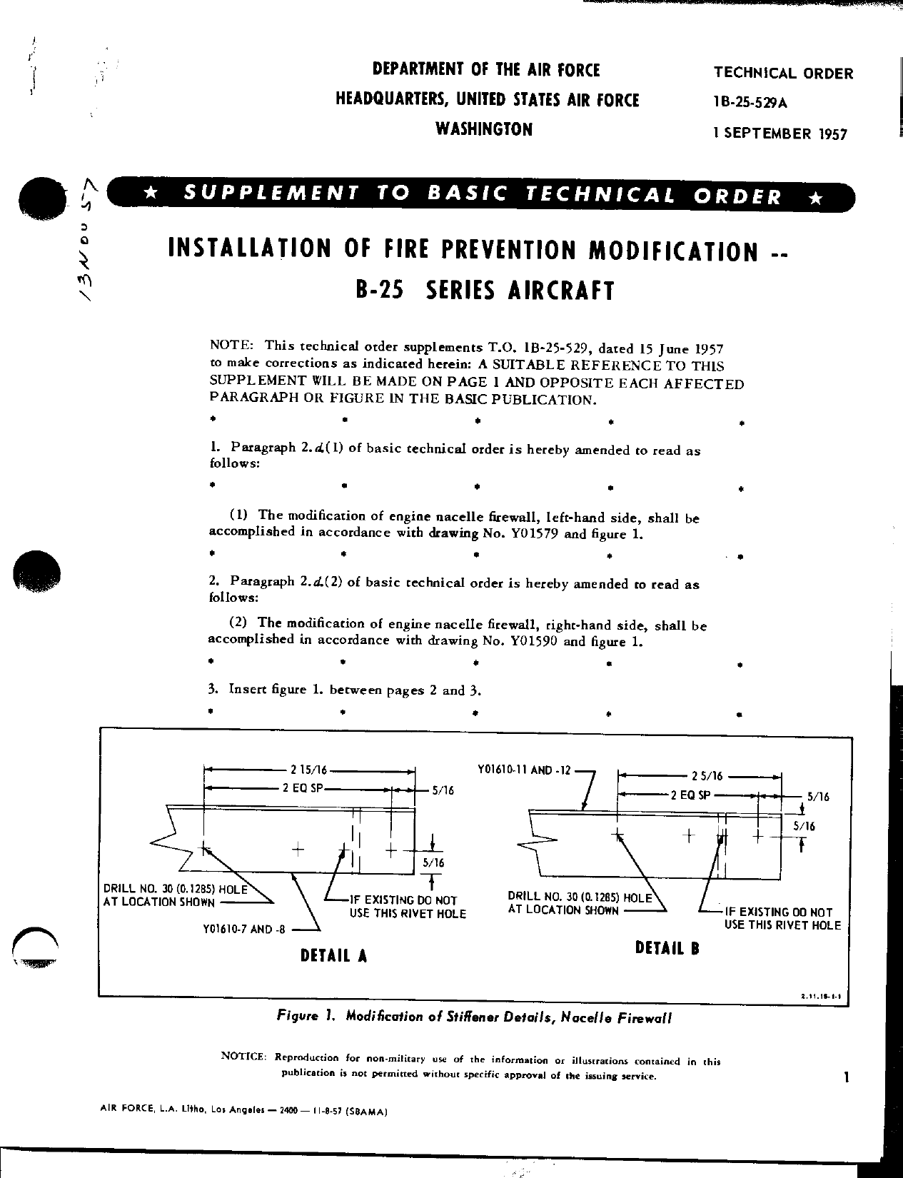 Sample page 1 from AirCorps Library document: Installation of Fire Prevention Modification -- B-25 Series Aircraft