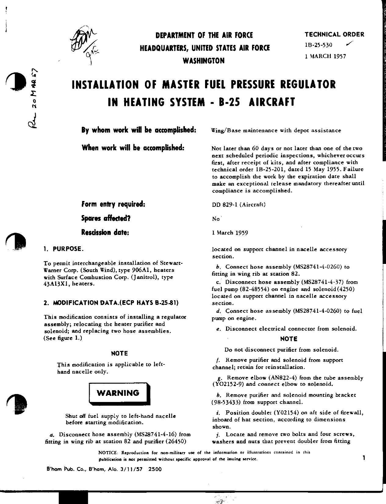 Sample page 1 from AirCorps Library document: Installation of Master Fuel Pressure Regulator in Heating System - B-25 Aircraft
