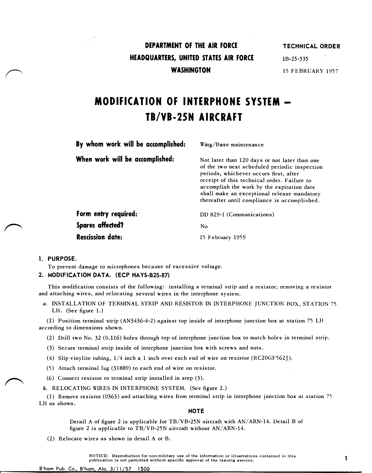 Sample page 1 from AirCorps Library document: Modification of Interphone System - TB-VB-25N Aircraft, 