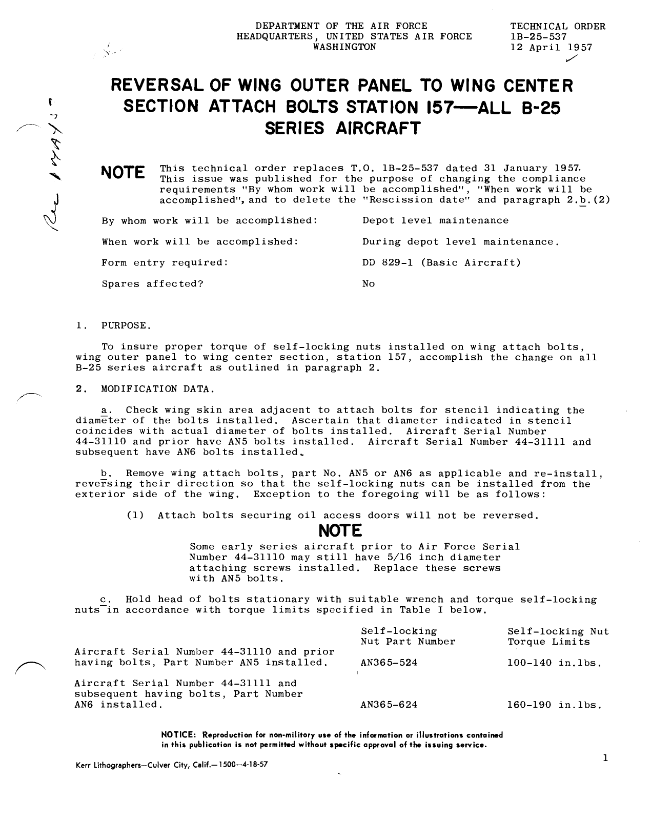 Sample page 1 from AirCorps Library document: Reversal of Wing Outer Panel to Wing Center Section Attach Bolts Station 157 - All B-25 Series Aircraft