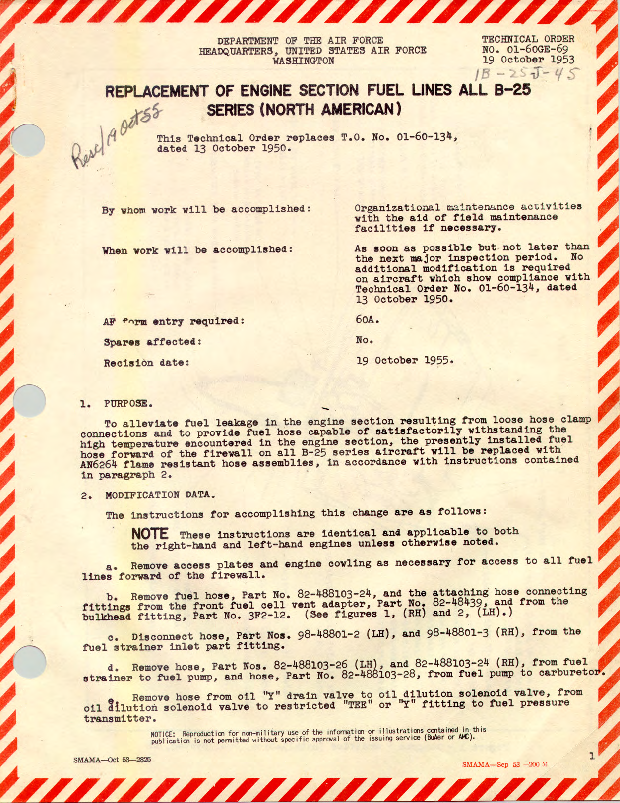 Sample page 1 from AirCorps Library document: Replacement of Engine Section Fuel Lines All B-25 Series (North American)