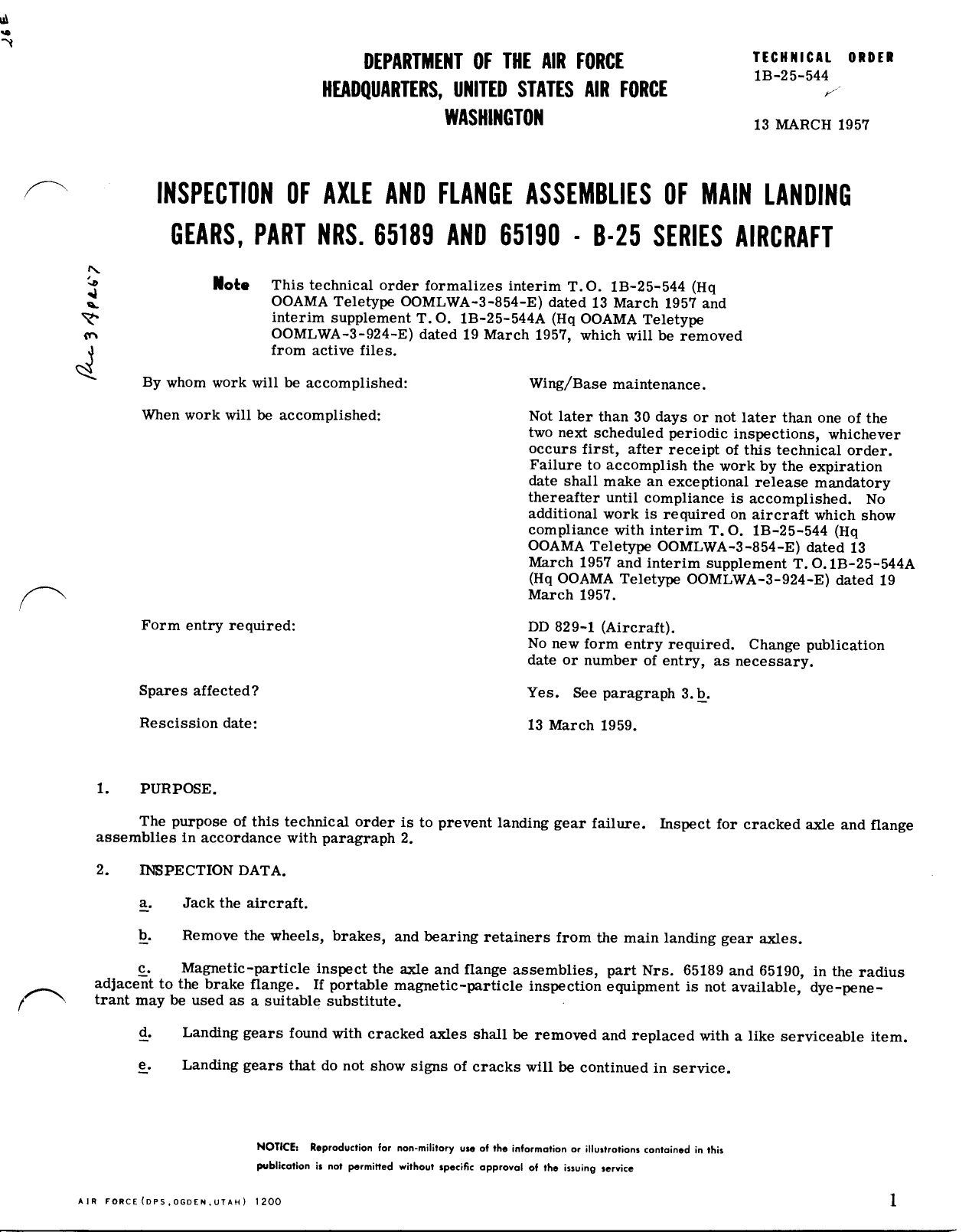 Sample page 1 from AirCorps Library document: Inspection of Axle and Flange Assemblies of Main Landing Gears, Part Nrs. 65189 and 65190 - B-25 Series Aircraft