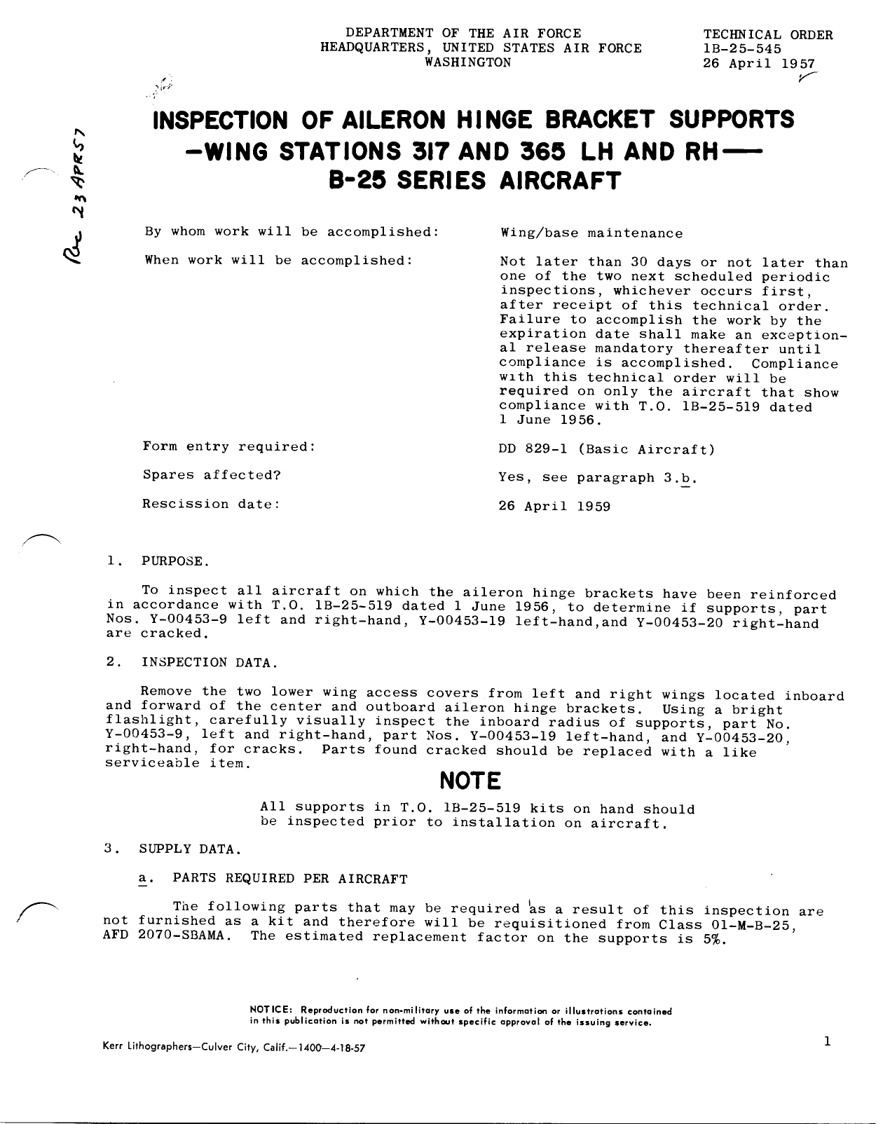 Sample page 1 from AirCorps Library document: Inspection of Aileron Hinge Bracket Supports - Wing Stations 317 and 365 LH and RH - B-25 Series Aircraft