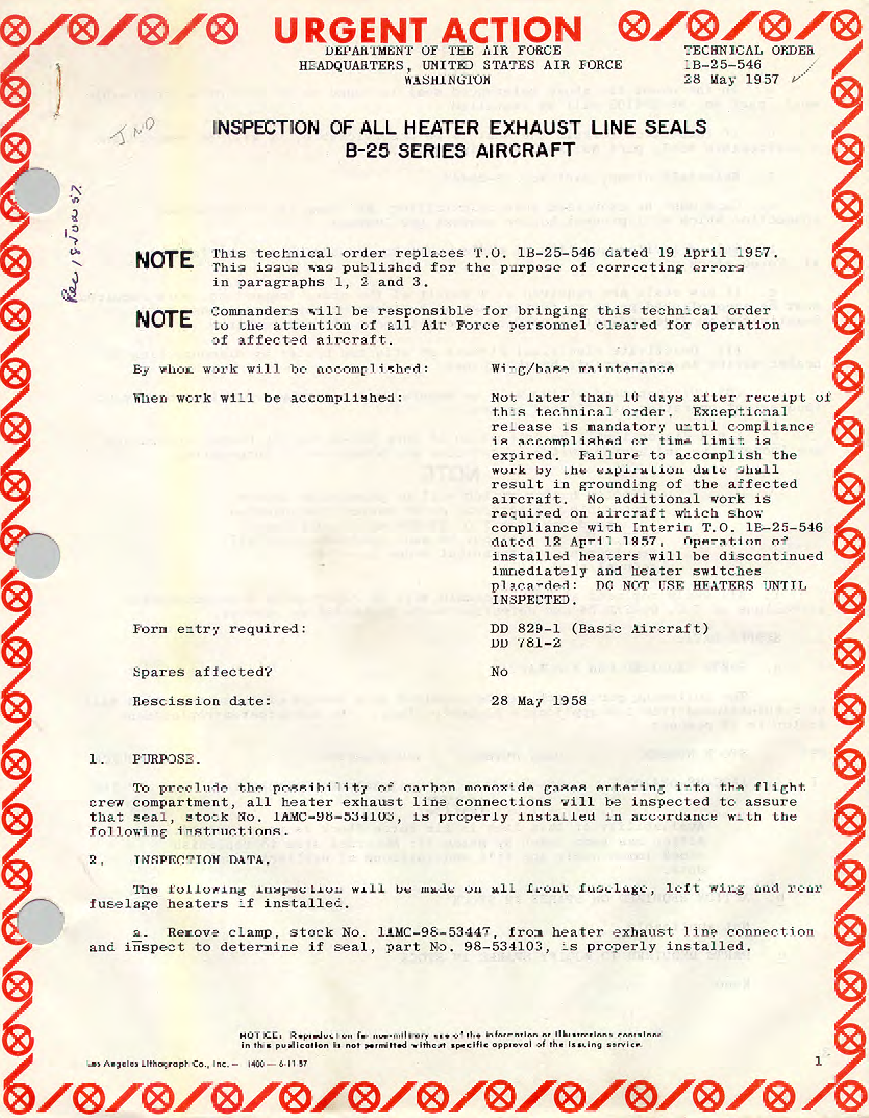 Sample page 1 from AirCorps Library document: Inspection of Heater Exhaust Line Seals B-25 Series Aircraft