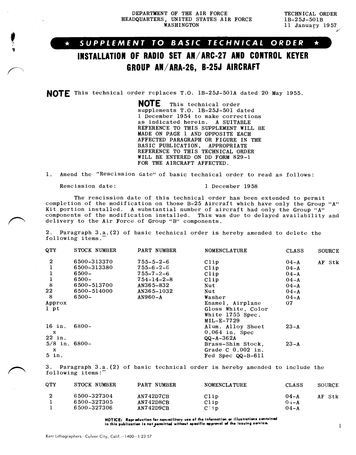Sample page 1 from AirCorps Library document: Installation of Radio Set AN-ARC-27 and Control Keyer Group AN-ARA-26, B-25J Aircraft