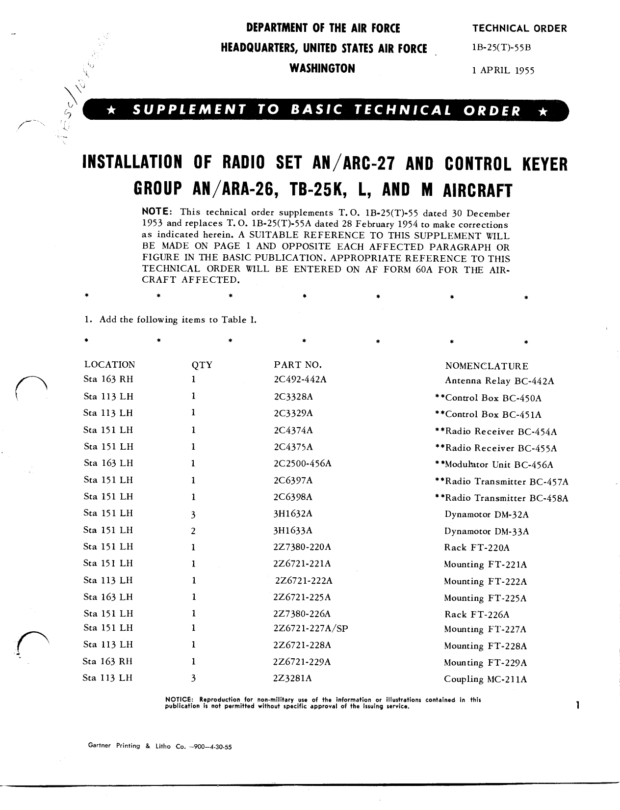 Sample page 1 from AirCorps Library document: Installation of Radio Set AN-ARC-27 and Control Keyer Group AN-ARA-26, TB-25K, L, and M Aircraft