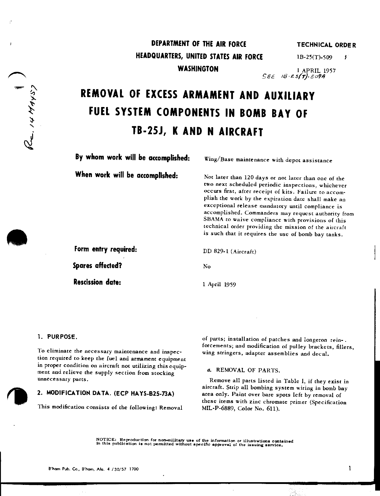Sample page 1 from AirCorps Library document: Removal of Excess Armament and Auxiliary Fuel System Components in Bomb Bay of TB-25J, K and N Aircraft