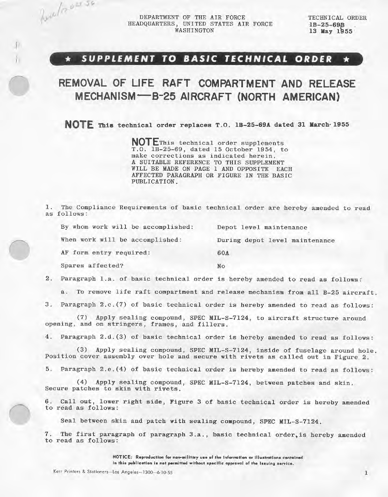 Sample page 1 from AirCorps Library document:  Removal of Life Raft Compartment and Release Mechanism, B-25 Aircraft (North American)