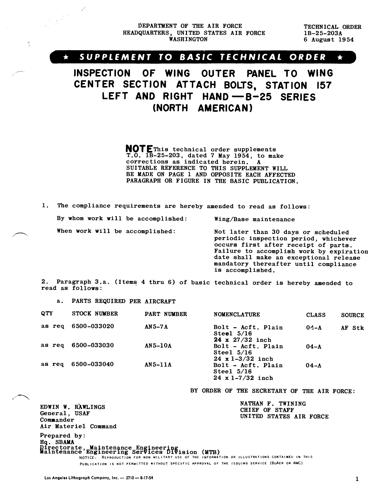 Sample page 1 from AirCorps Library document: Inspection of Wing Outer Panel to Wing Center Section Attach Bolts - Station 157 Left and Right Hand - B-25 Series Aircraft (North American)