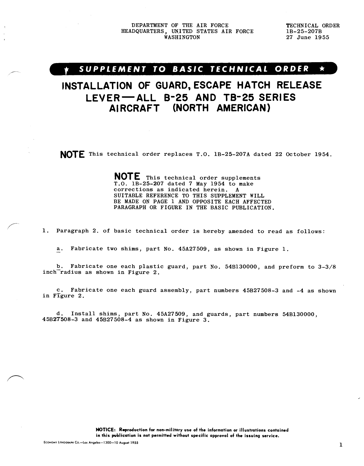 Sample page 1 from AirCorps Library document:  Installation of Guard, Escape Hatch Release Lever - All B-25 and TB-25 Series Aircraft (North American)