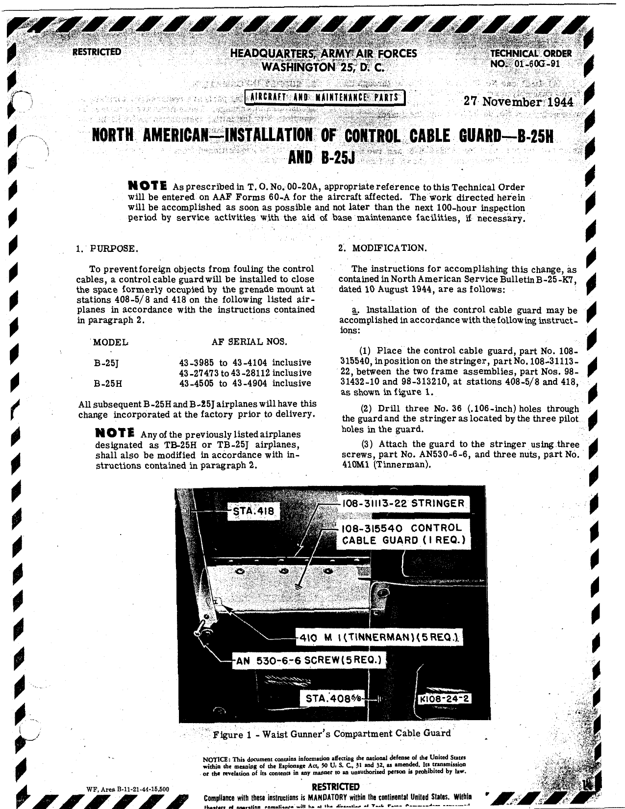 Sample page 1 from AirCorps Library document: North American - Installation of Control Cable Guard - B-25H and B-25J,