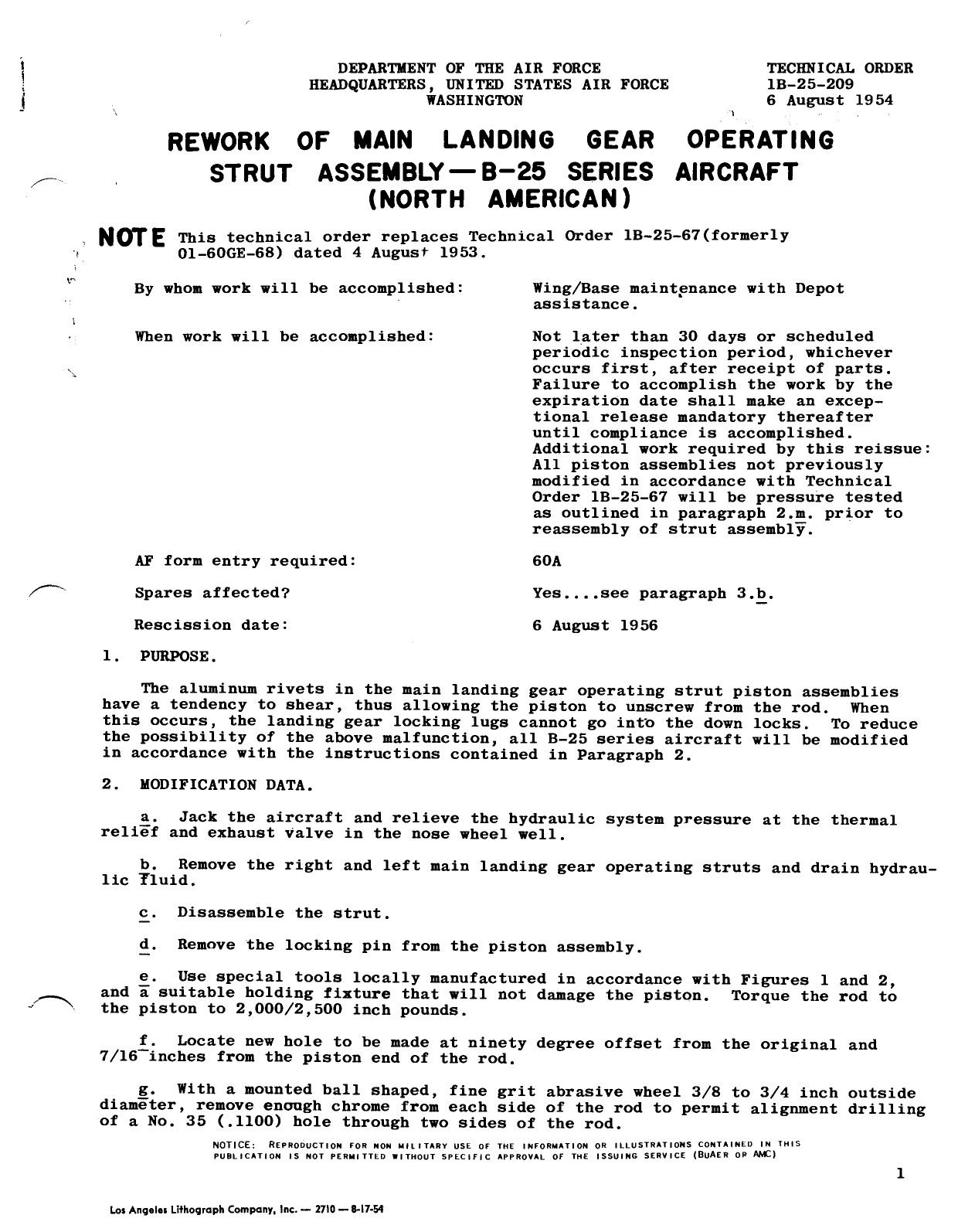 Sample page 1 from AirCorps Library document: Rework of Main Landing Gear Operating Strut Assembly - B-25 Series Aircraft (North American)