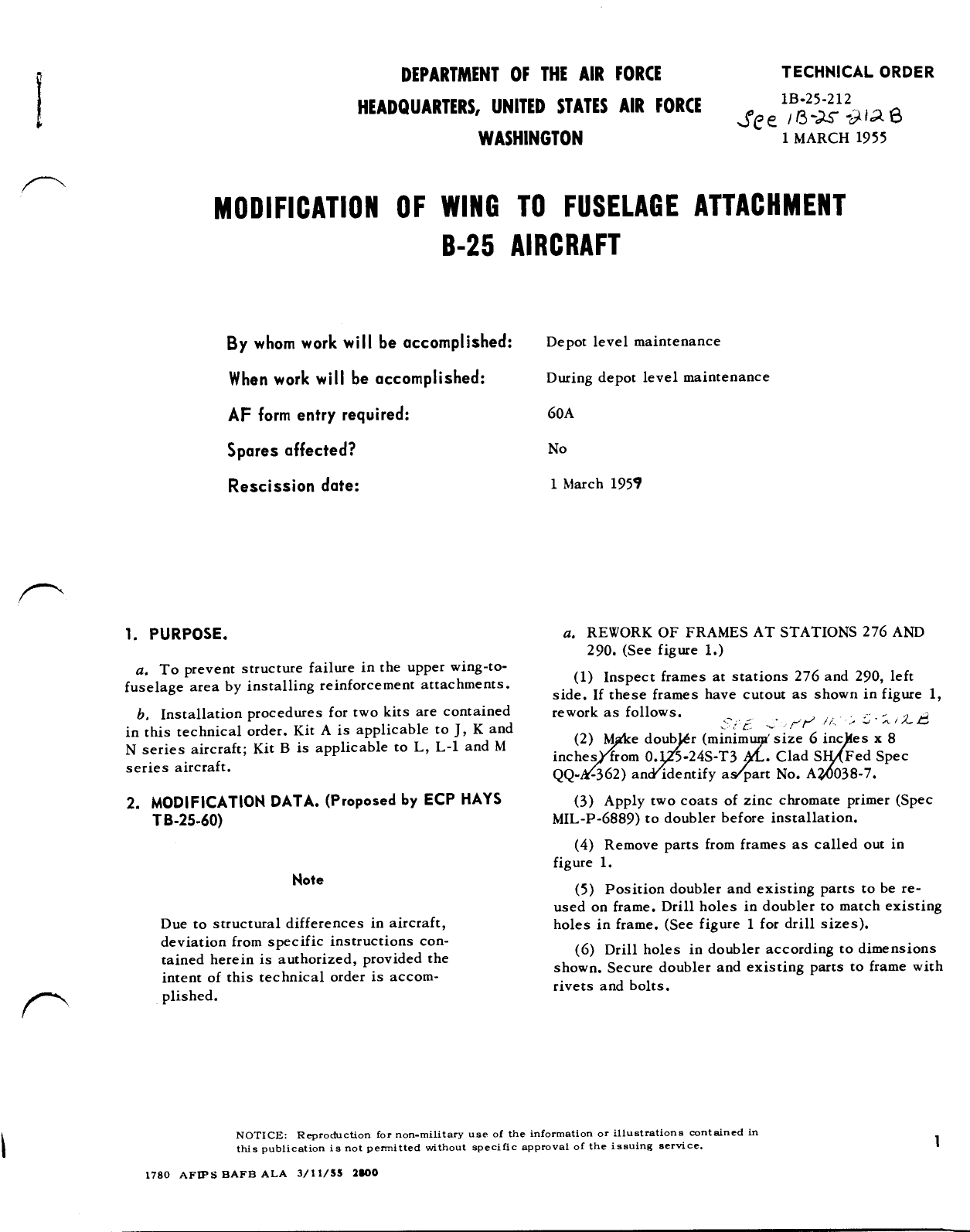 Sample page 1 from AirCorps Library document: Modification of Wing to Fuselage Attachment B-25 Aircraft
