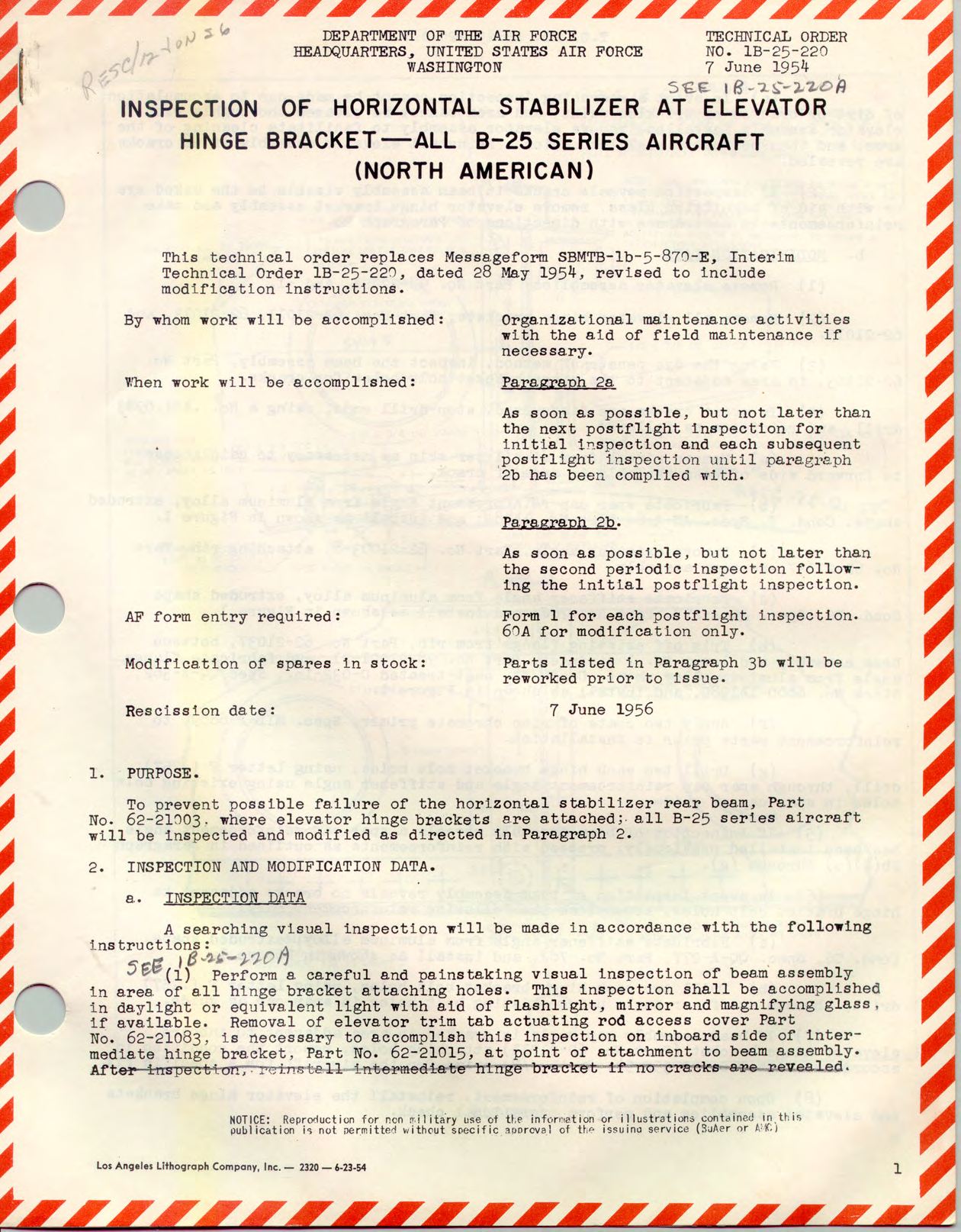 Sample page 1 from AirCorps Library document: Inspection of Horizontal Stabilizer at Elevator Hinge Bracket - B-25 Series Aircraft (North American)