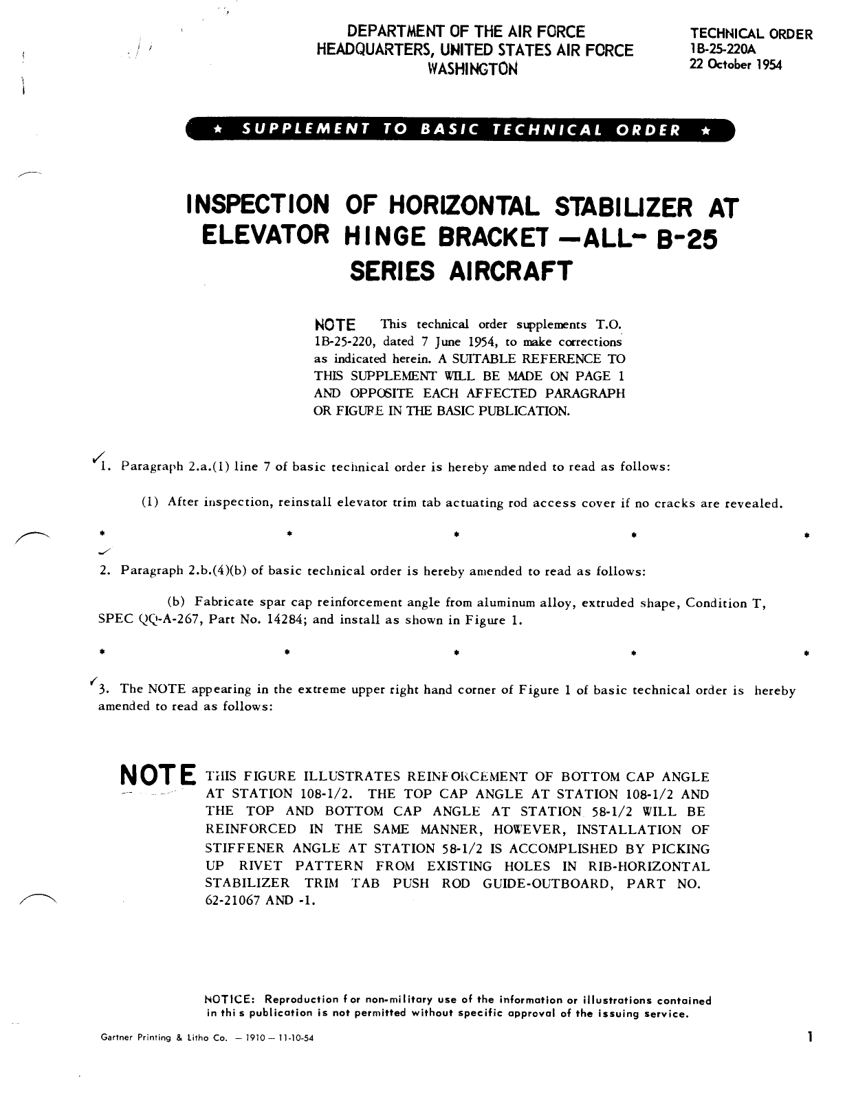 Sample page 1 from AirCorps Library document: Inspection of Horizontal Stabilizer at Elevator Hinge Bracket - All B-25 Series Aircraft