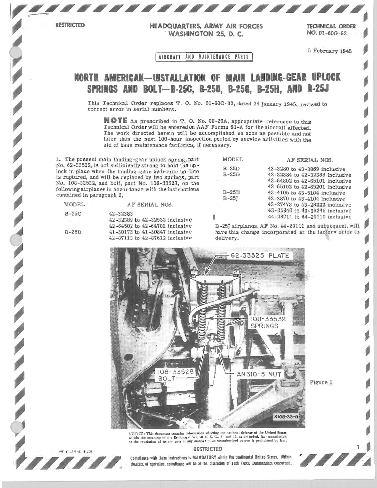 Sample page 1 from AirCorps Library document: North American - Installation of Main Landing-Gear Uplock Springs and Bolt - B-25C, B-25D, B-25G, B-25H, and B-25J
