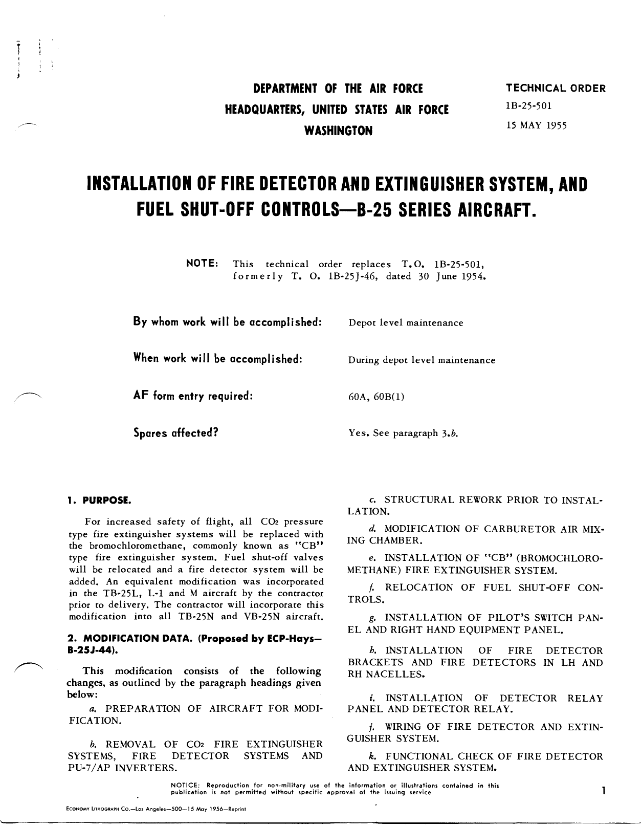 Sample page 1 from AirCorps Library document:  Installation of Fire Detector and Extinguisher System and Fuel Shut-Off Controls - B-25 Series Aircraft