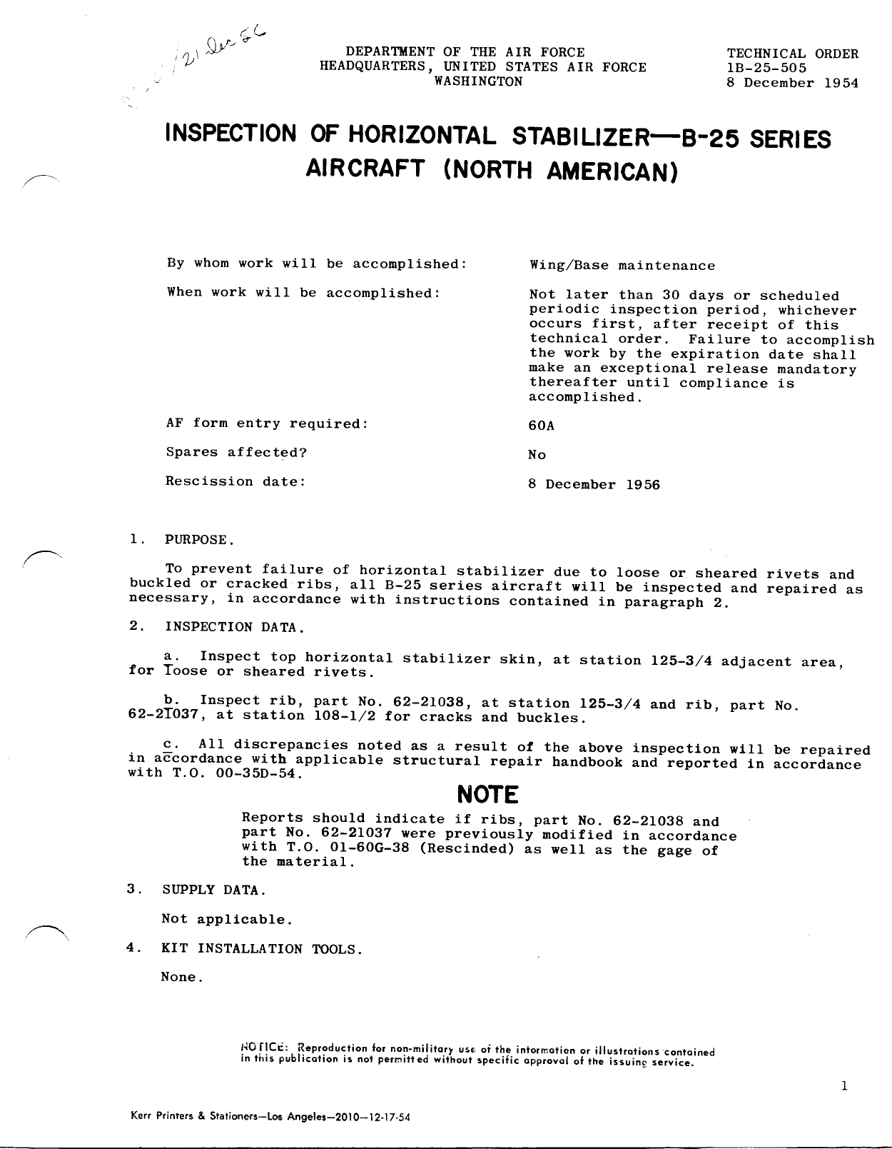 Sample page 1 from AirCorps Library document: Inspection of Horizontal Stabilizer - B-25 Series Aircraft (North American)