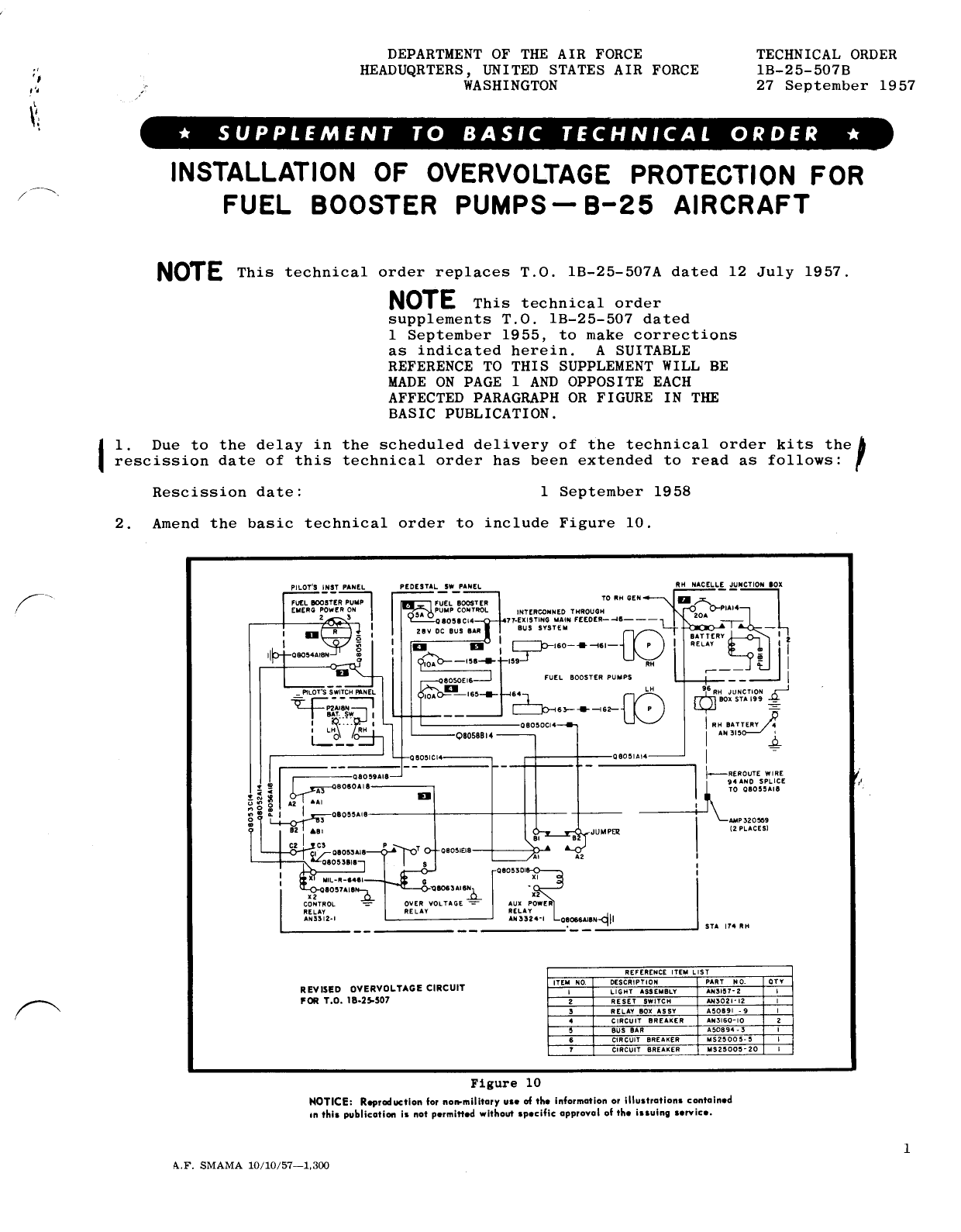 Sample page 1 from AirCorps Library document: Installation of Overvoltage Protection for Fuel Booster Pumps, B-25 Aircraft