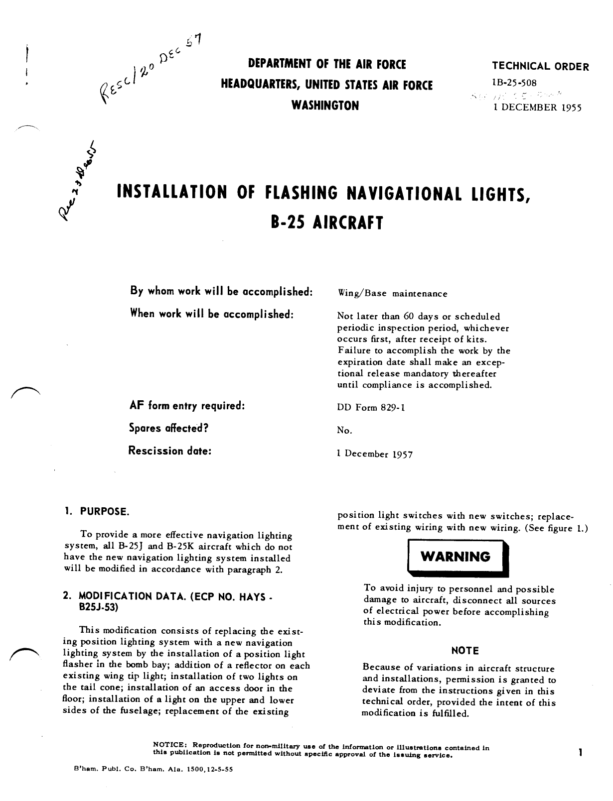 Sample page 1 from AirCorps Library document: Installation of Flashing Navigational Lights, B-25 Aircraft