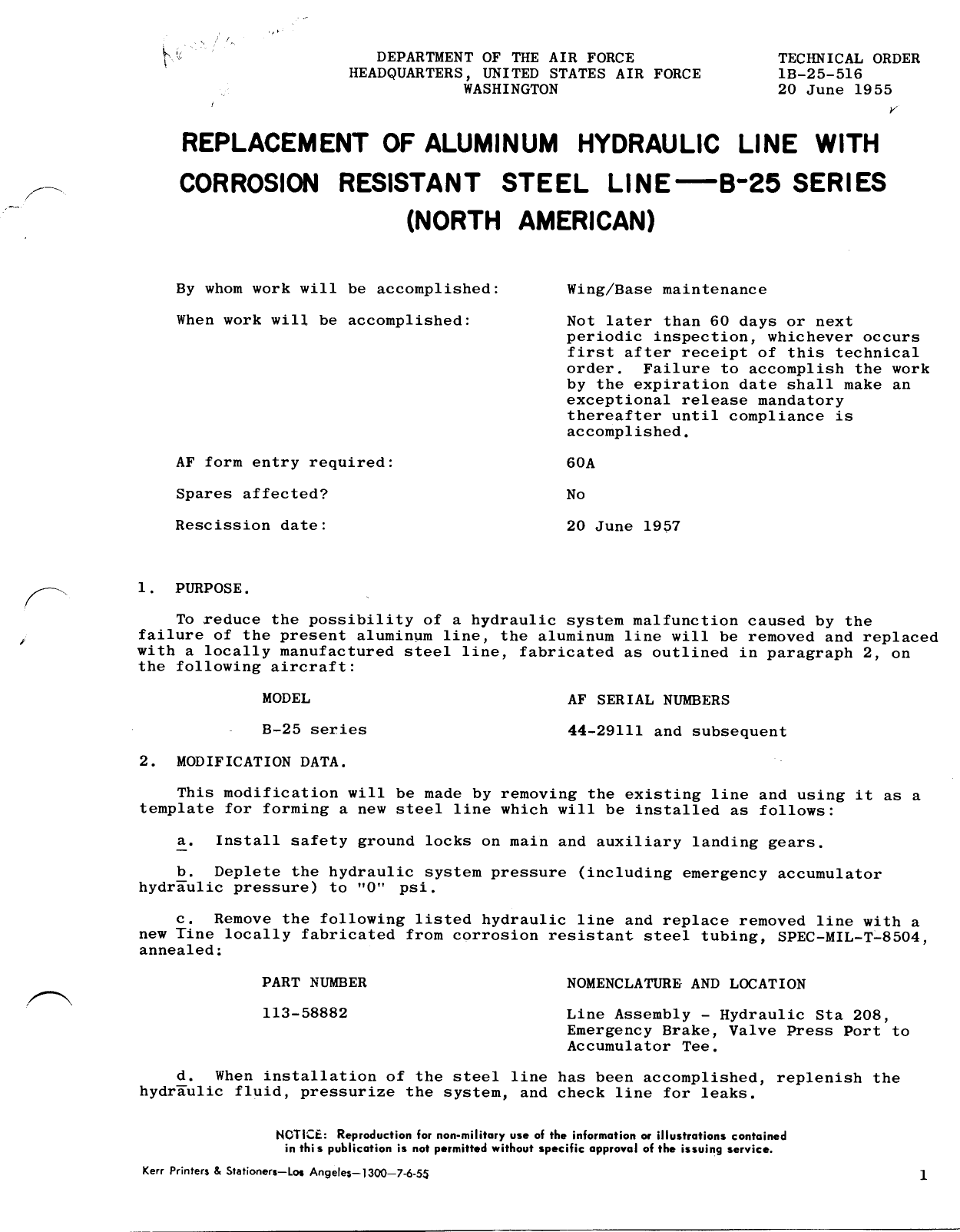 Sample page 1 from AirCorps Library document:  Replacement of Aluminum Hydraulic Line with Corrosion Resistant Steel Line - B-25 Series (North American)