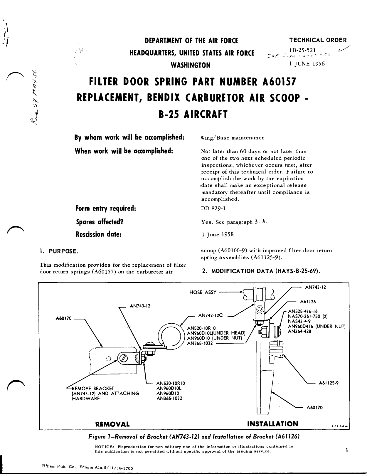 Sample page 1 from AirCorps Library document: Filter Door Spring Part Number A60157 Replacement, Bendix Carburetor Air Scoop - B-25 Aircraft