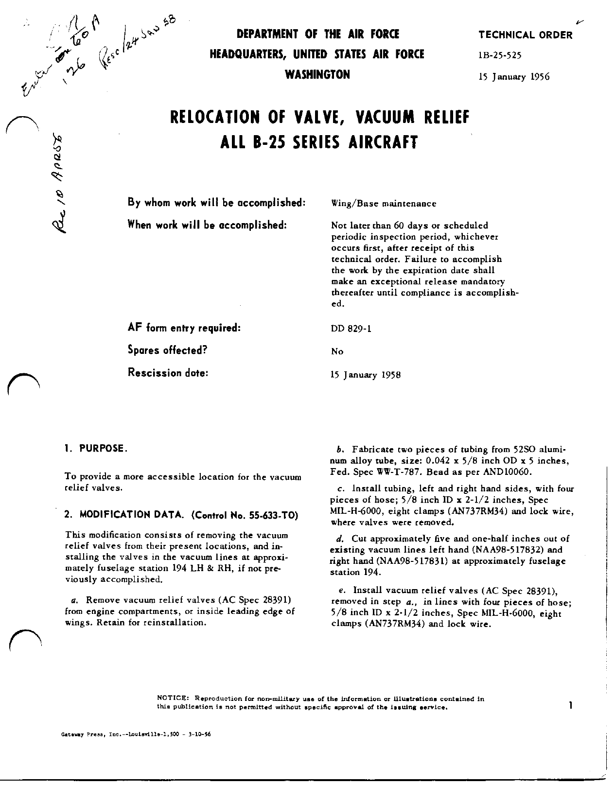 Sample page 1 from AirCorps Library document: Relocation of Valve, Vacuum Relief All B-25 Series Aircraft