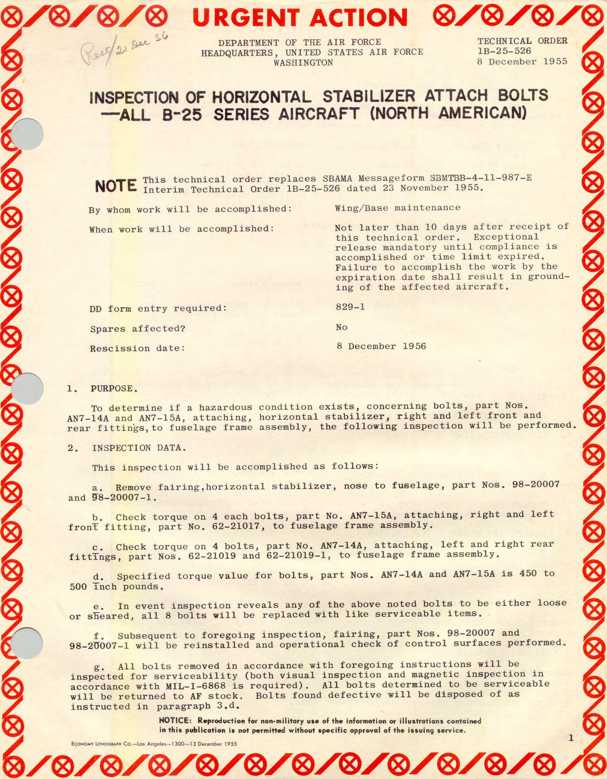 Sample page 1 from AirCorps Library document: Inspection of Horizontal Stabilizer Attach Bolts - All B-25 Series Aircraft (North American)