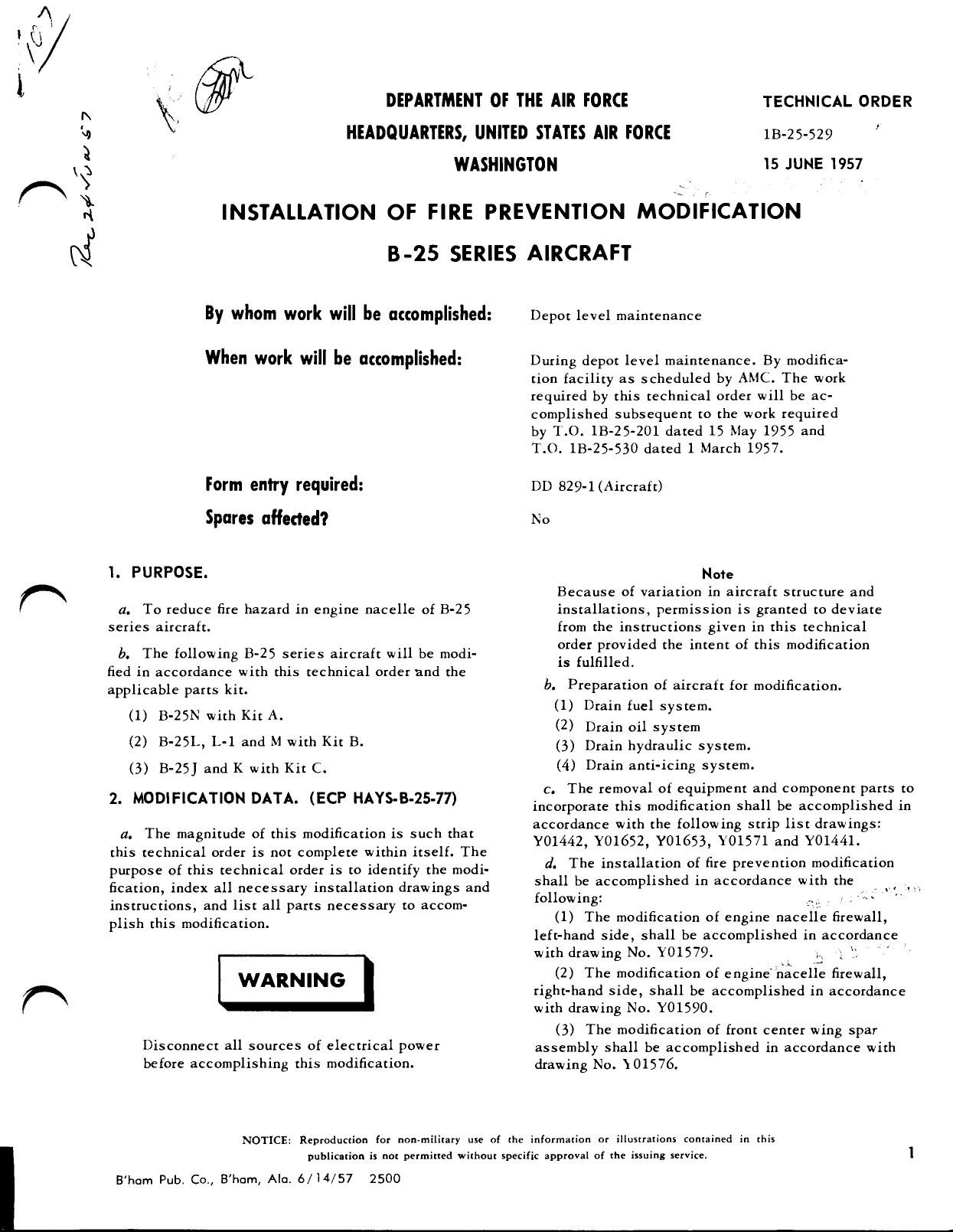 Sample page 1 from AirCorps Library document: Installation of Fire Prevention Modification B-25 Series Aircraft