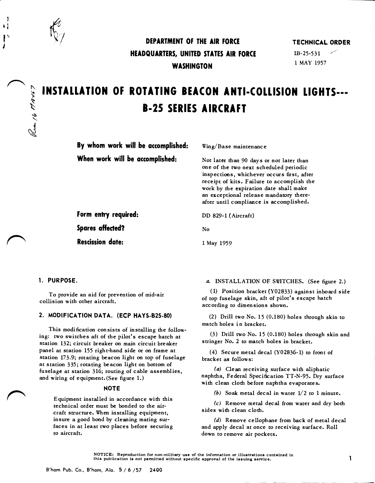 Sample page 1 from AirCorps Library document: Installation of Rotating Beacon Anti-Collision Lights - B-25 Series Aircraft