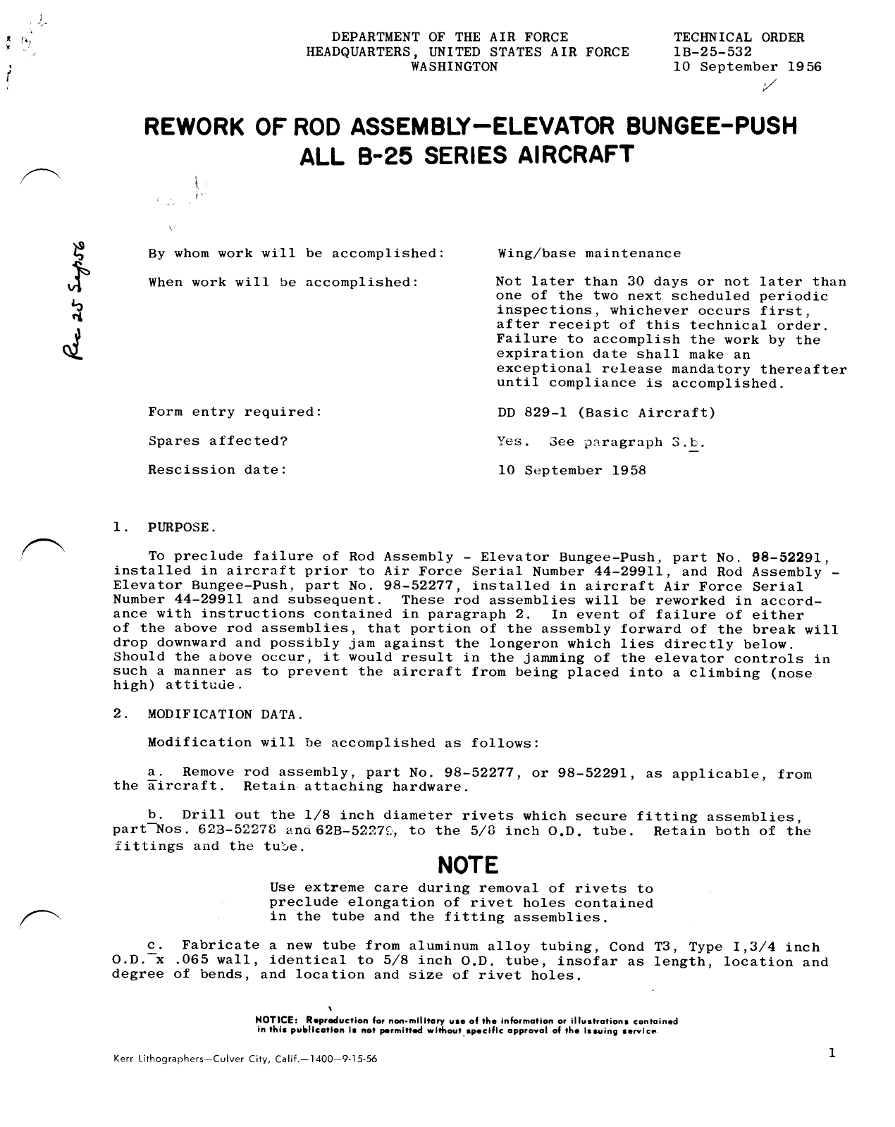 Sample page 1 from AirCorps Library document: Rework of Rod Assembly - Elevator Bungee-Push All B-25 Series Aircraft