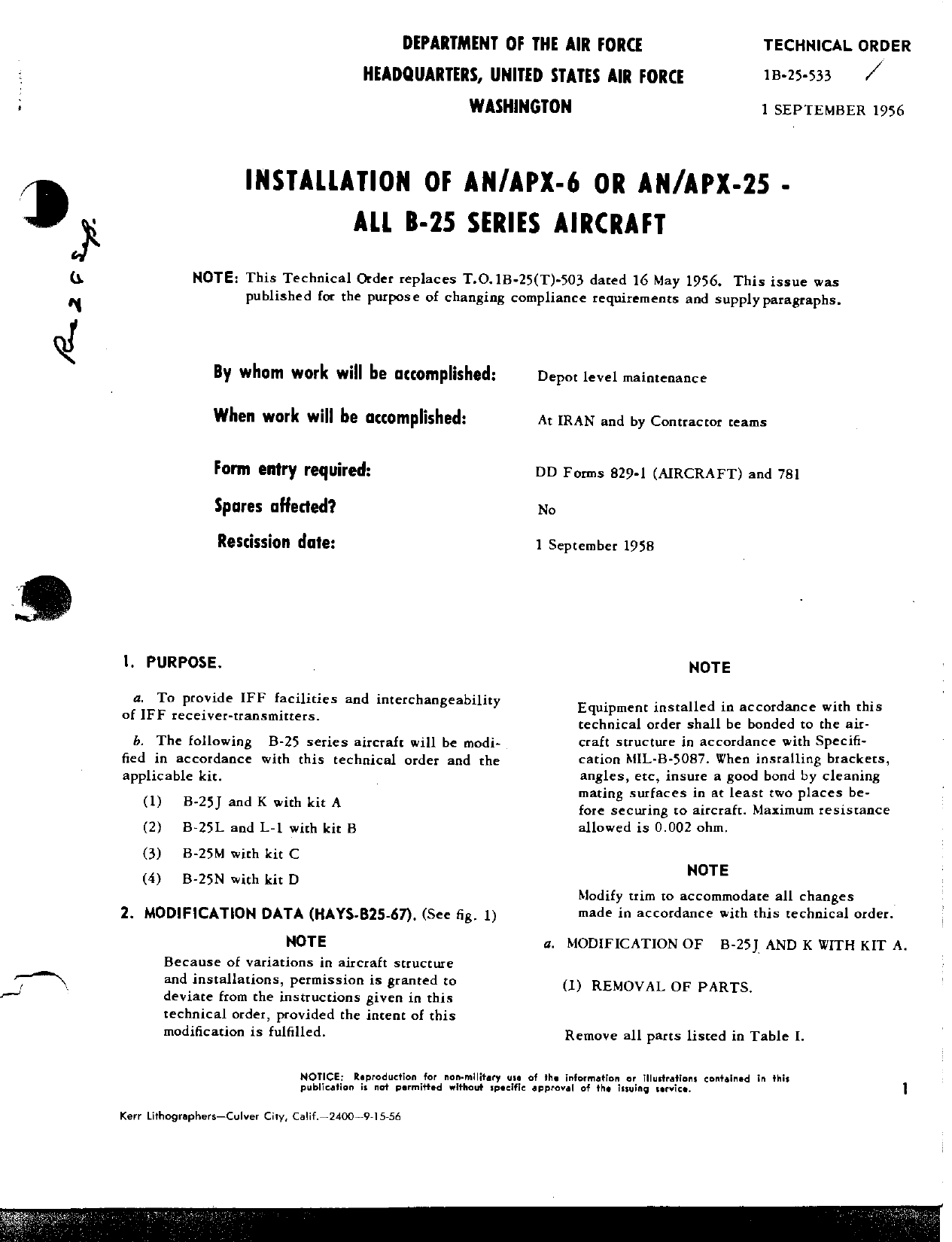 Sample page 1 from AirCorps Library document: Installation of AN-APX-6 or AN-APX-25 - All B-25 Series Aircraft
