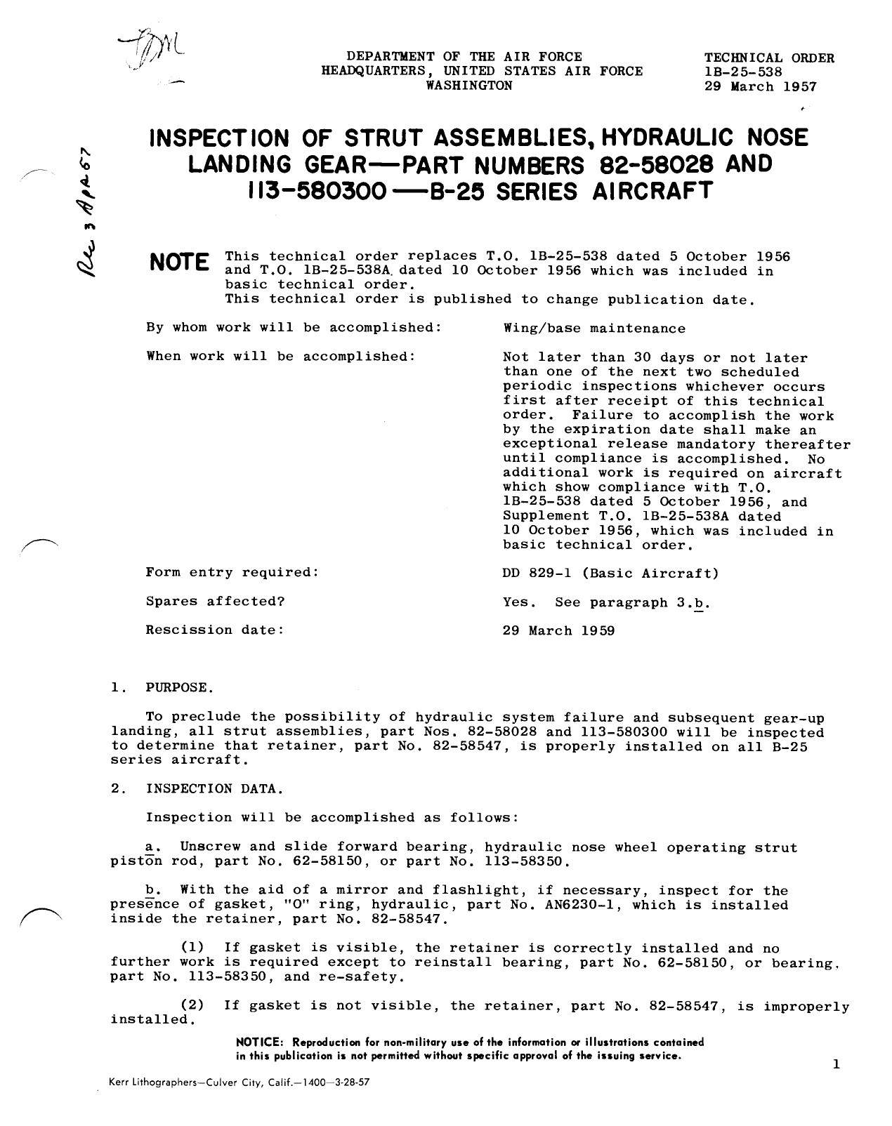 Sample page 1 from AirCorps Library document: Inspection of Strut Assemblies, Hydraulic Nose Landing Gear - Part Numbers 82-58028 and 113-580300 - B-25 Series Aircraft