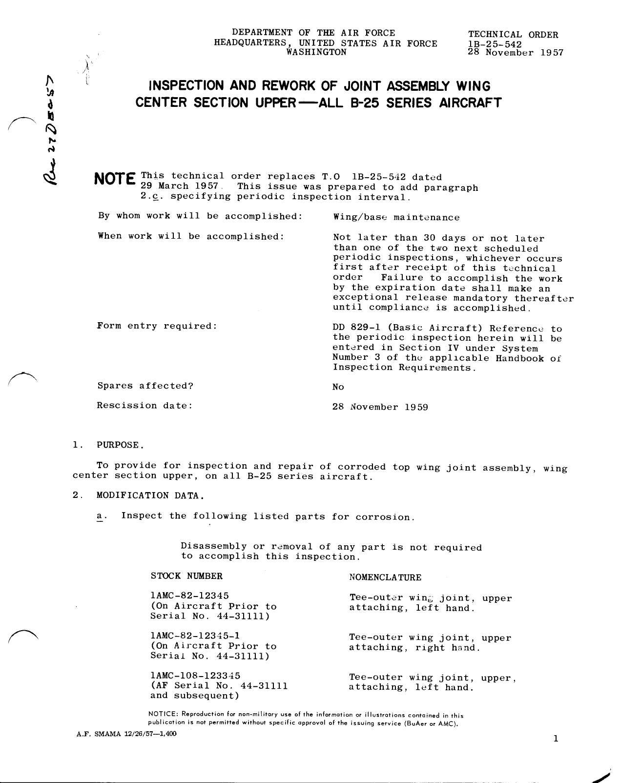Sample page 1 from AirCorps Library document: Inspection and Rework of Joint Assembly Wing Center Section Upper - All B-25 Series Aircraft