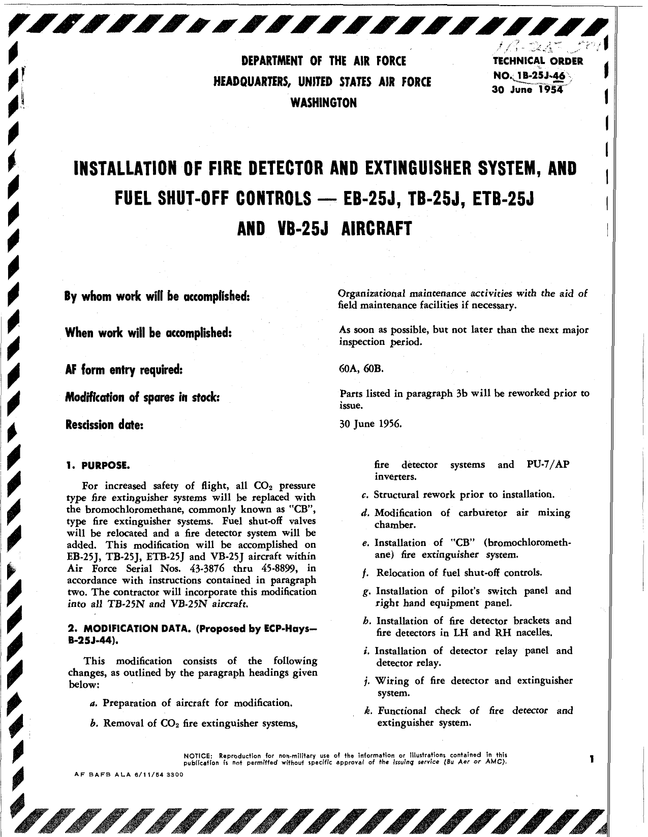 Sample page 1 from AirCorps Library document: Installation of Fire Detector and Extinguisher System, and Fuel Shut-Off Controls - EB-25J, TB-25J, ETB-25J