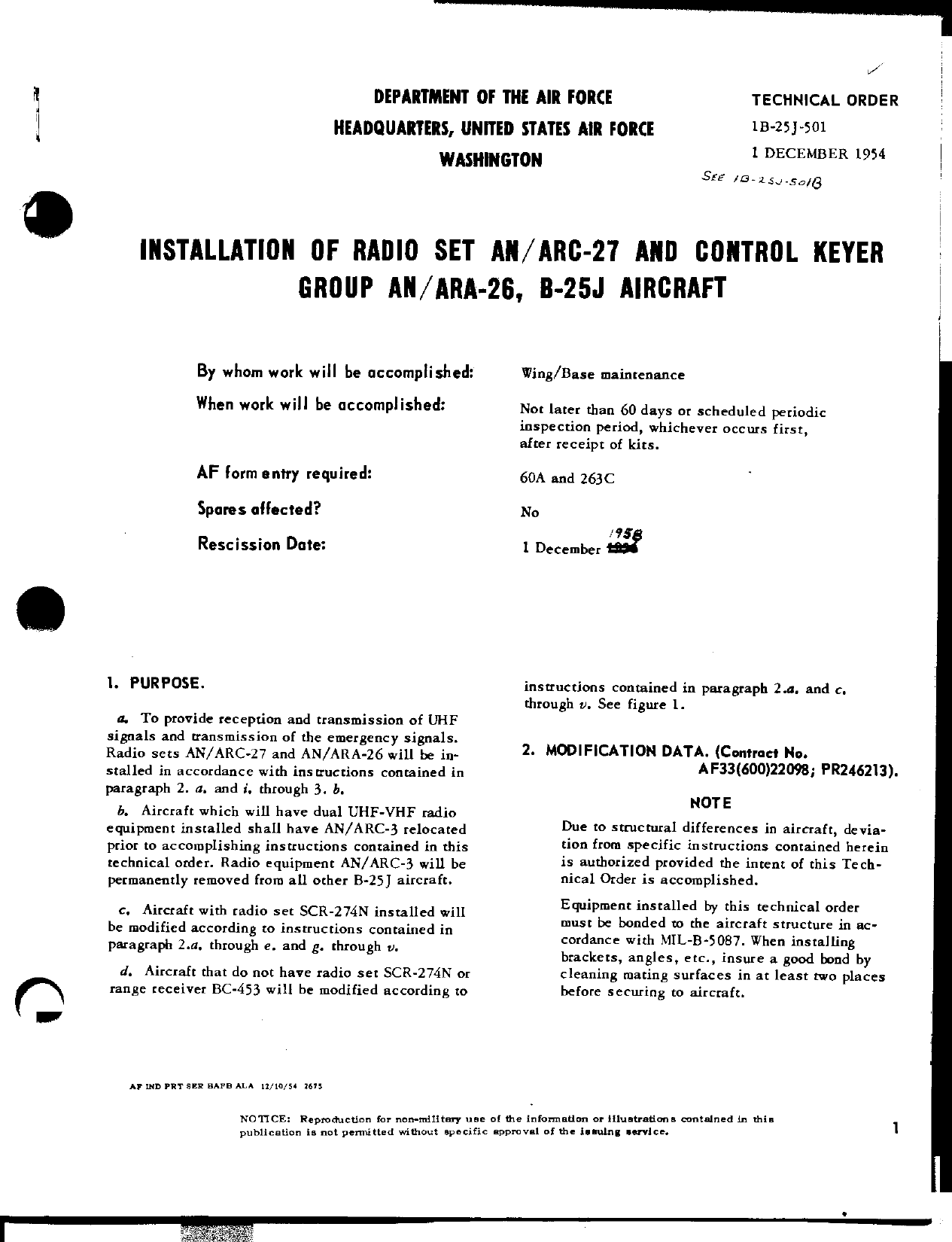 Sample page 1 from AirCorps Library document: Installation of Radio Set AN-ARC-27 and Control Keyer Group AN-ARA-26, B-25J Aircraft
