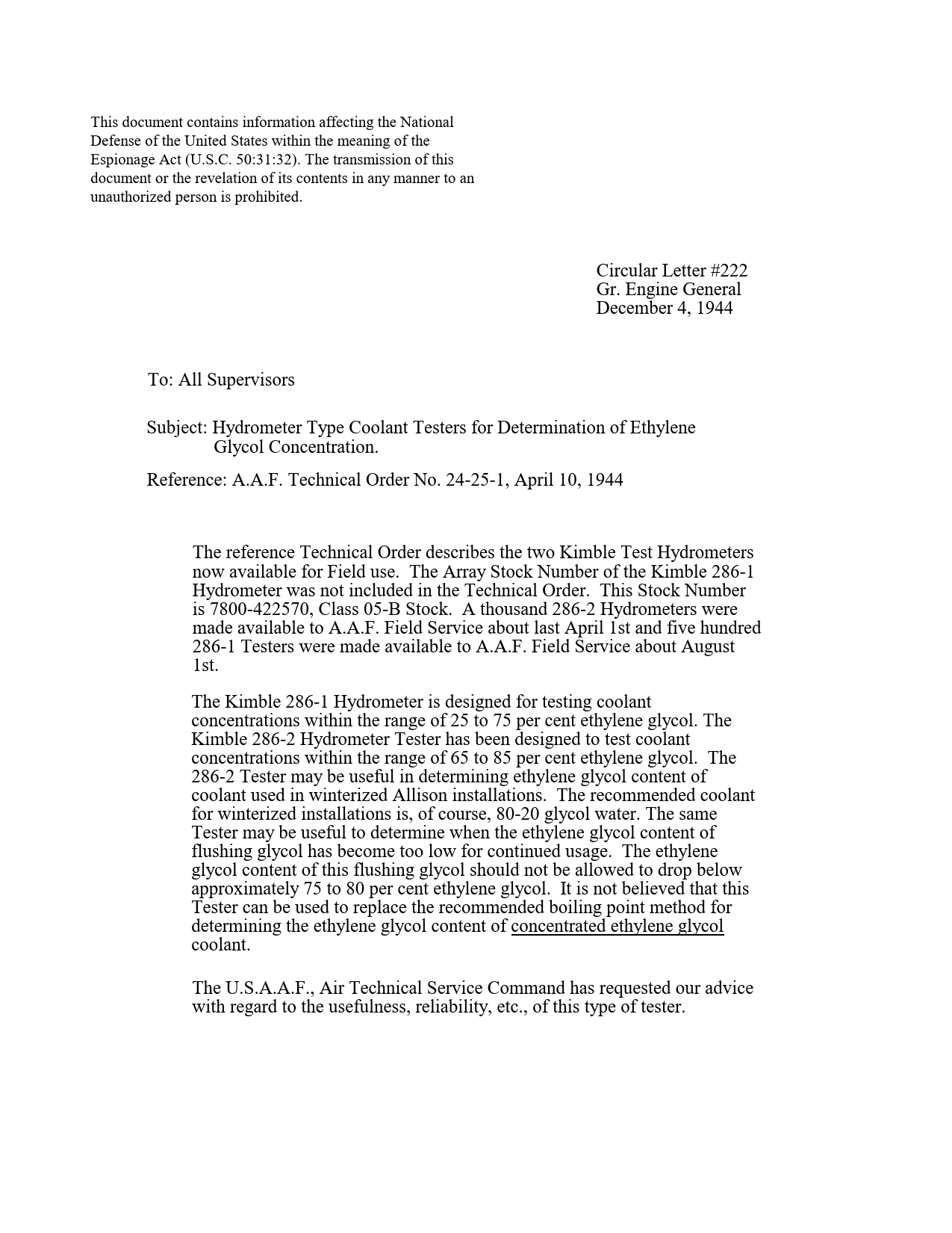 Sample page 1 from AirCorps Library document: Hydrometer Type Coolant Testers for Determination of Ethylene Glycol Concentration