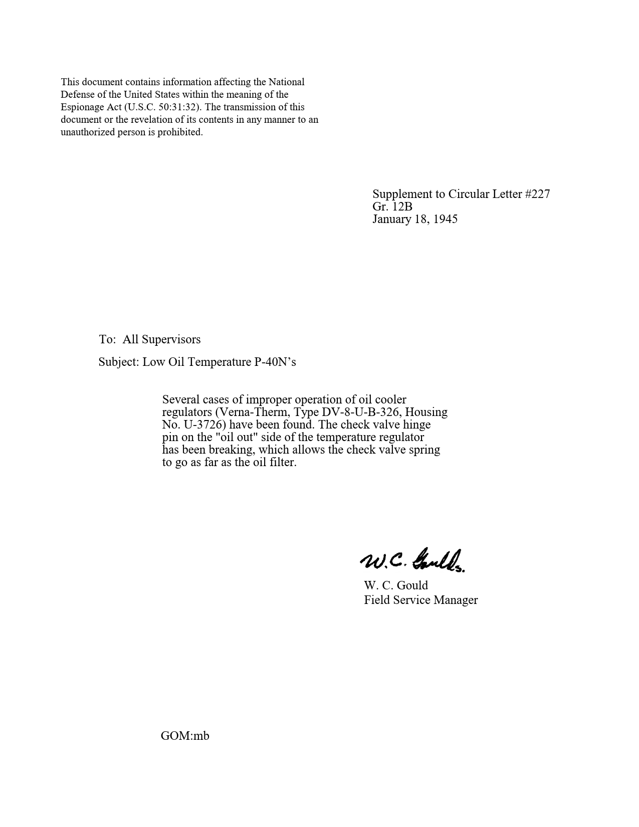 Sample page 1 from AirCorps Library document: Low Oil Temp P-40Ns