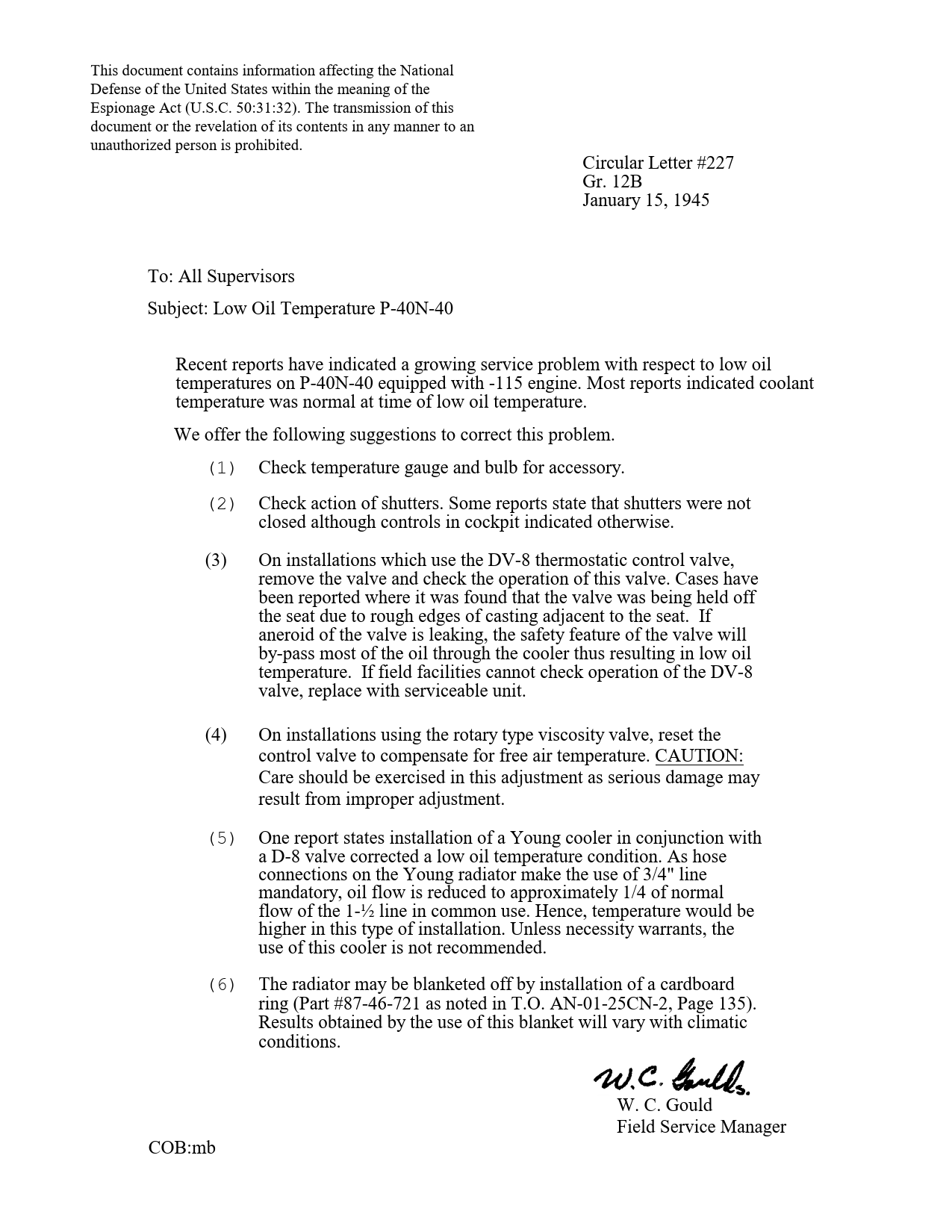 Sample page 1 from AirCorps Library document: Low Oil Temp P-40N-40