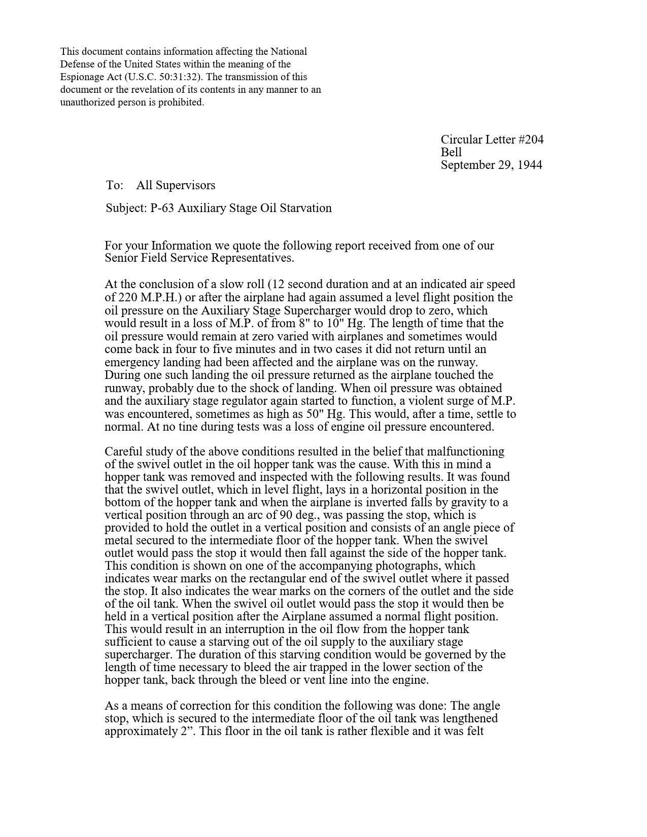 Sample page 1 from AirCorps Library document: P-63 Auxiliary Stage Oil Starvation