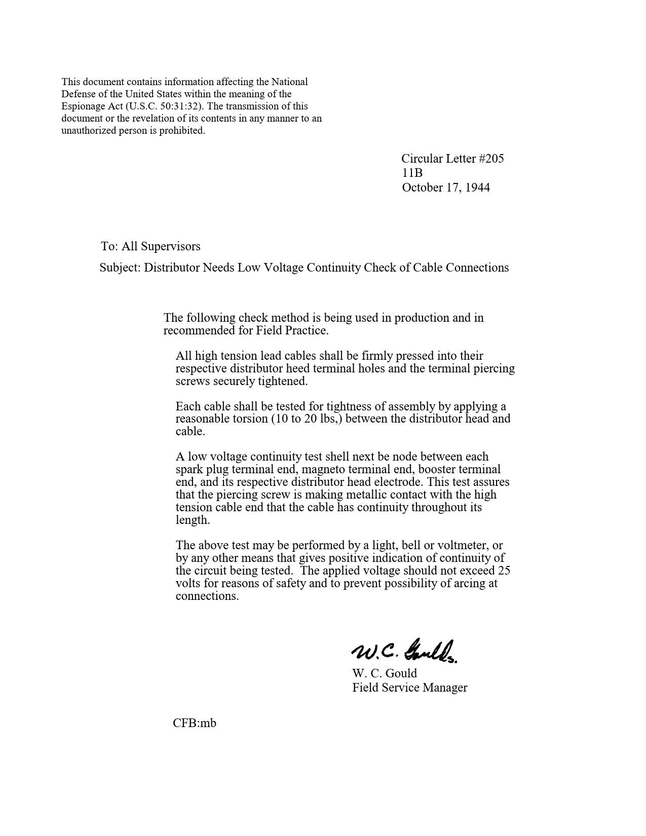 Sample page 1 from AirCorps Library document: Distributor Needs Low Voltage Continuity Check of Cable Connections