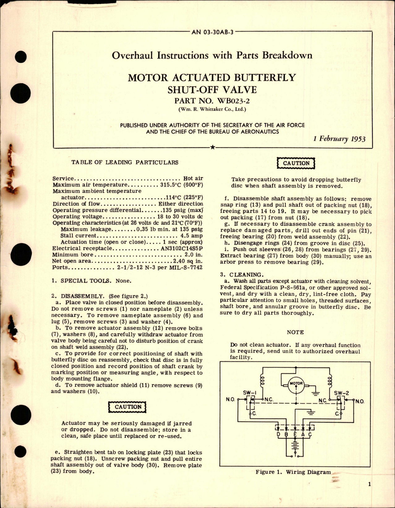 Sample page 1 from AirCorps Library document: Overhaul Instructions with Parts Breakdown for Motor Actuated Butterfly Shut-Off Valve - Part WB023-2 