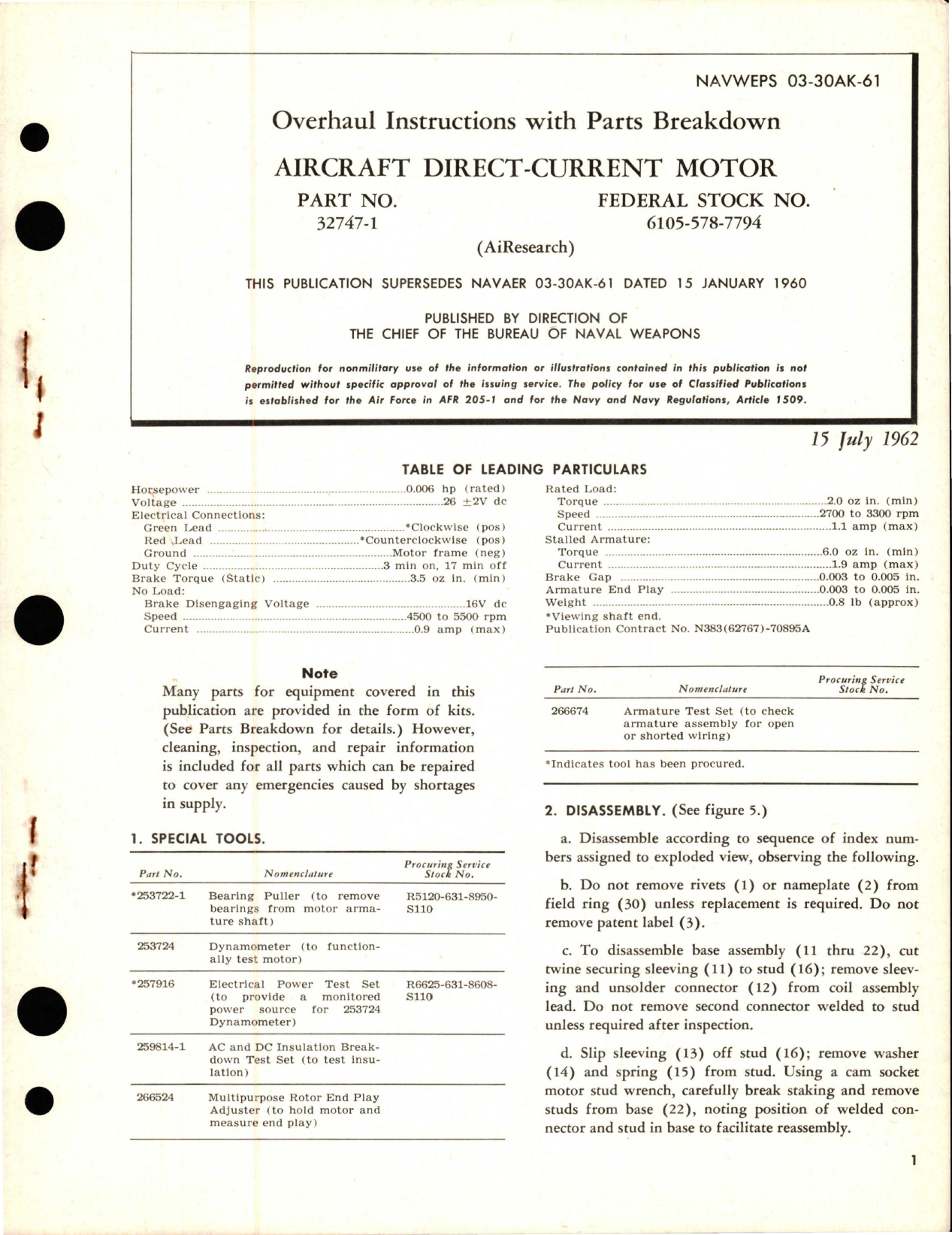 Sample page 1 from AirCorps Library document: Overhaul Instructions with Parts Breakdown for Direct-Current Motor - Part 32747-1 